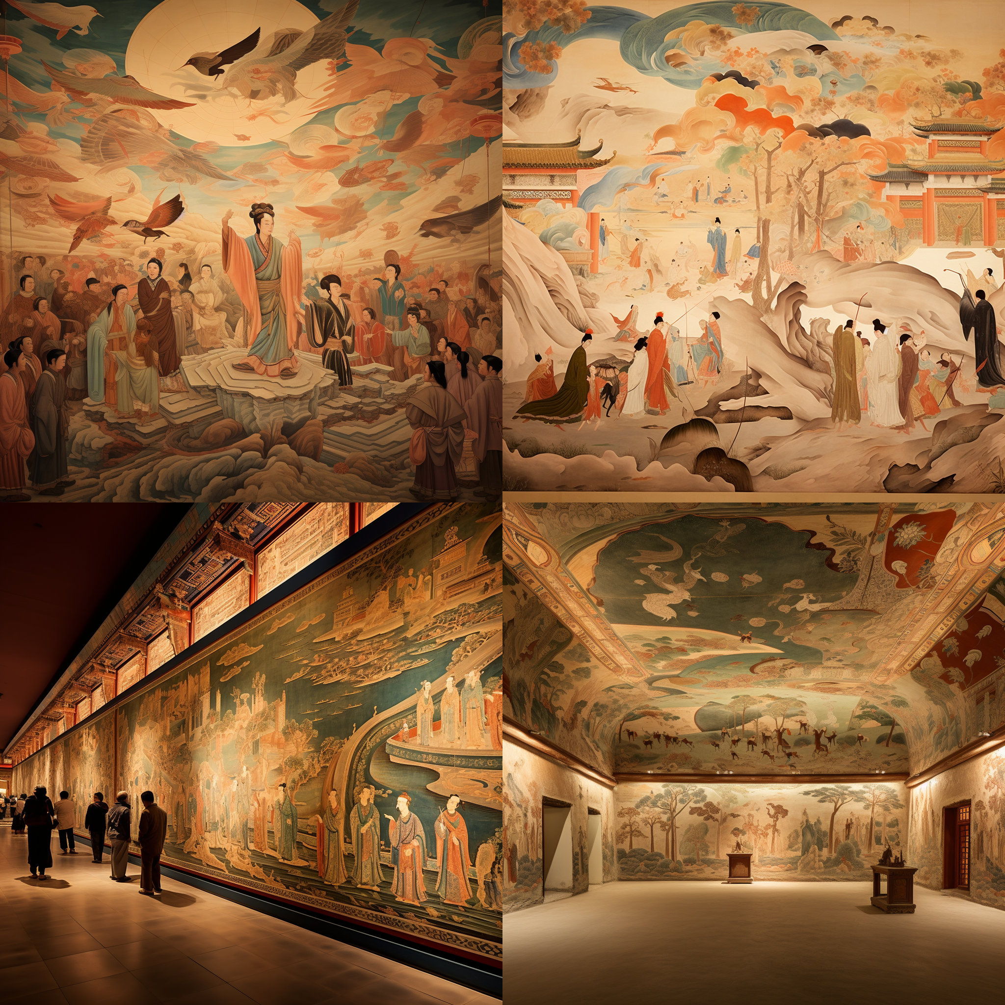 敦煌飞天壁画，富丽堂皇，色彩鲜艳，细腻纹理。巨大的壁画以对角线构图展示，展现出神秘的敦煌文化。光线柔和，透过窗户洒入，照亮了壁画上的每一个细节。人物栩栩如生，根据传统服饰塑造，表情丰富，流露出宏大的情感。