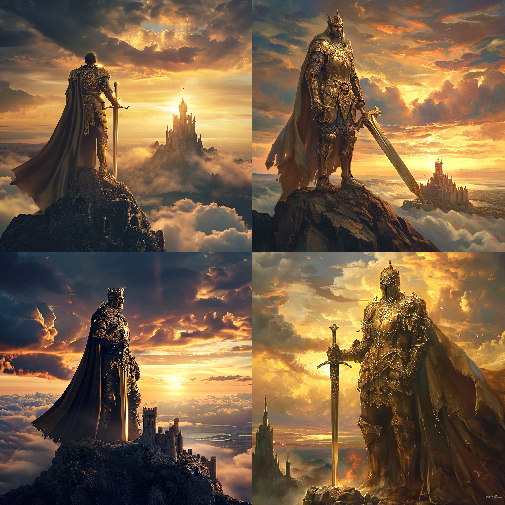 亚瑟王，壮丽的中世纪风景，日落时分，宏伟的城堡在背景中巍然屹立。亚瑟王身披金色盔甲，手持神圣的剑excalibur，站在城堡的顶端，目光坚定而威严。背后是壮观的云海，透露出无尽的力量与荣耀。亚瑟王的形象充满着英勇、领导力和决心。壮丽，中世纪风景，日落，城堡，亚瑟王，金色盔甲，excalibur，力量，荣耀，英勇，领导力，决心。