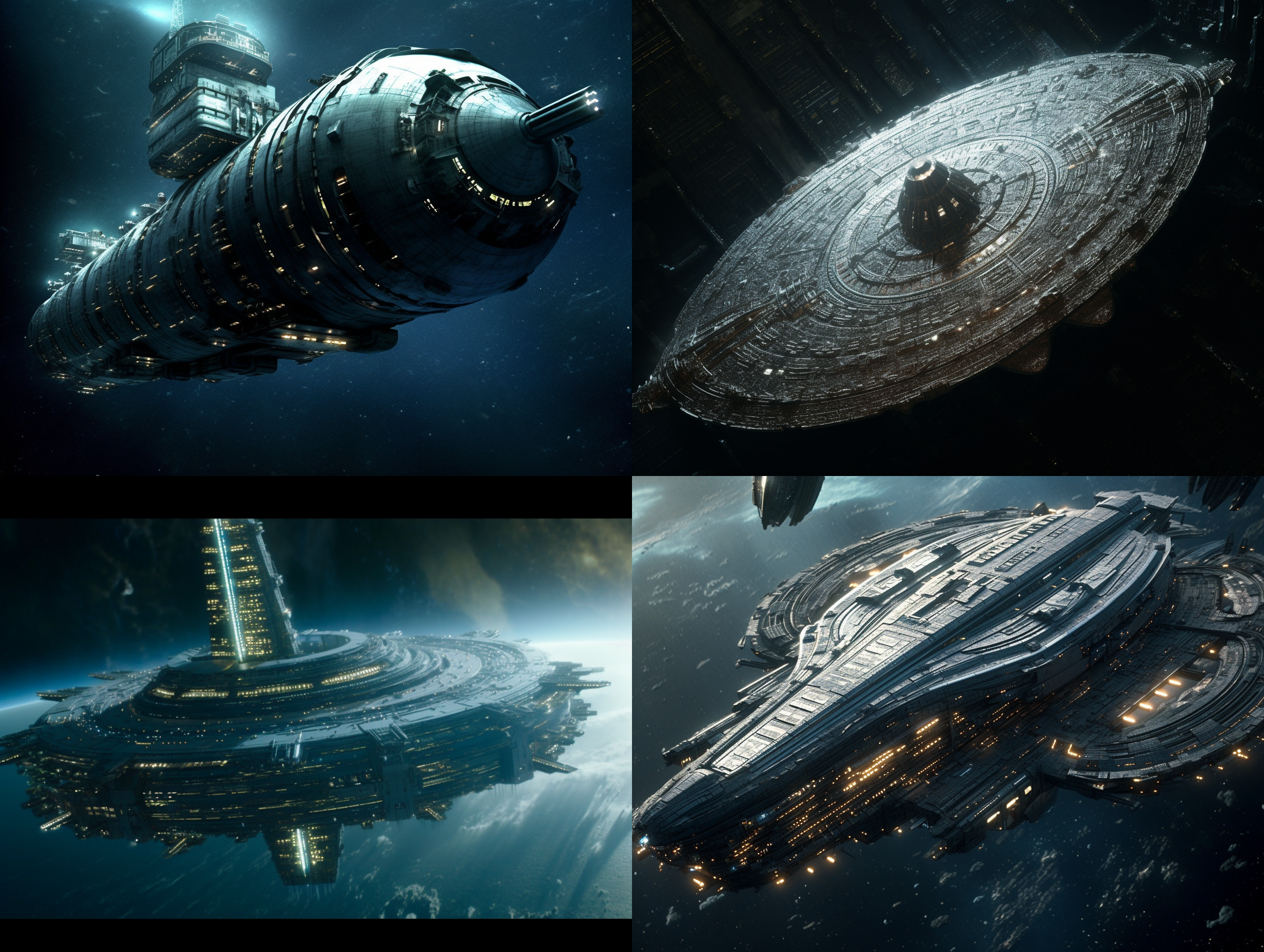 机械般的巨大太空船在星际黑暗中浮动。舰体上闪烁着冷色调的灯光，突出了其未来感和科幻氛围。舰载飞机排列整齐，显露出战斗力。周围是浩瀚的宇宙星系，强调了舰船的壮丽和庞大。船身细节清晰可见，通过鱼眼镜头拍摄，增强了逼真感。震撼人心，壮丽恢弘，未来科技感。 未来主义 宇宙 极限特写 星空 平面摄影 实用风