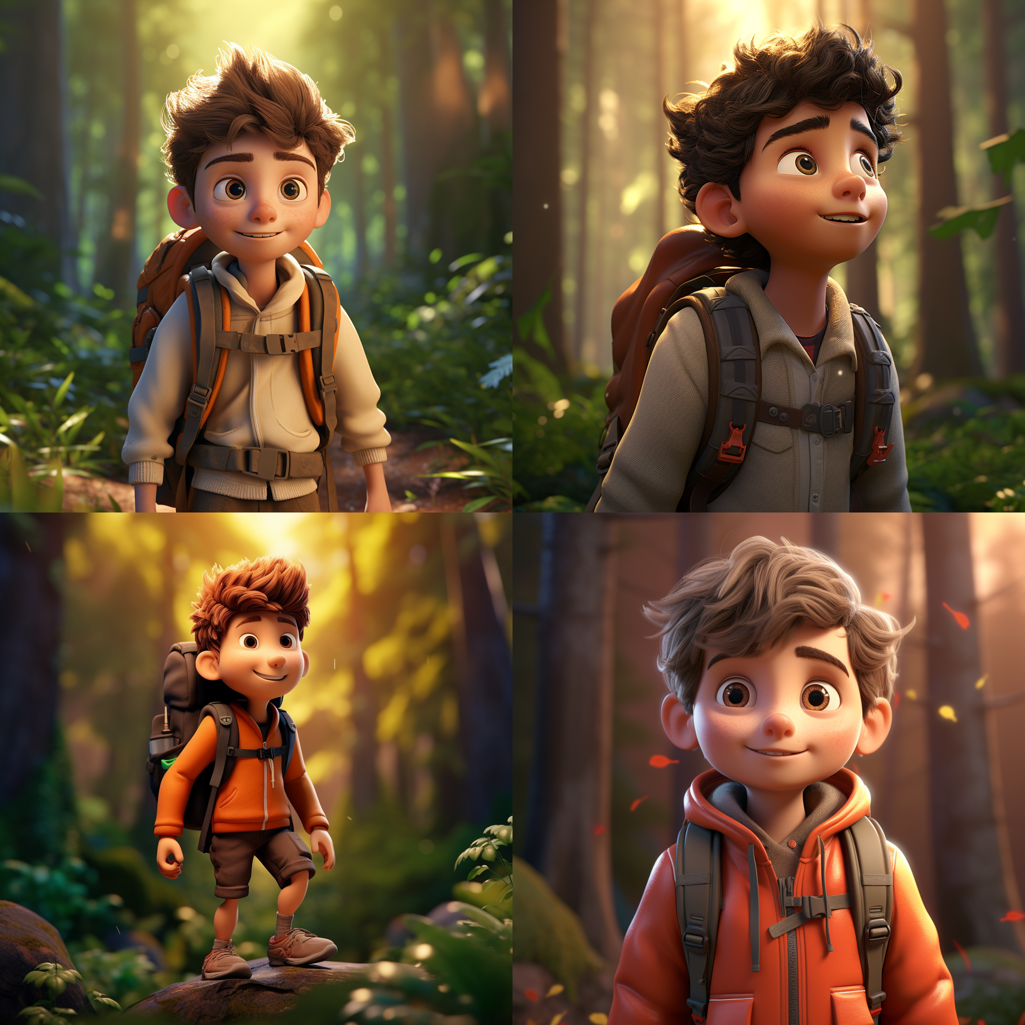 一个爱冒险的8岁可爱男孩，他喜欢探索和了解世界，在森林里，皮克斯动画风格，c4d，oc渲染器，半身像镜头，黏土雕塑材质，电影照明，高质量，多细节，高清