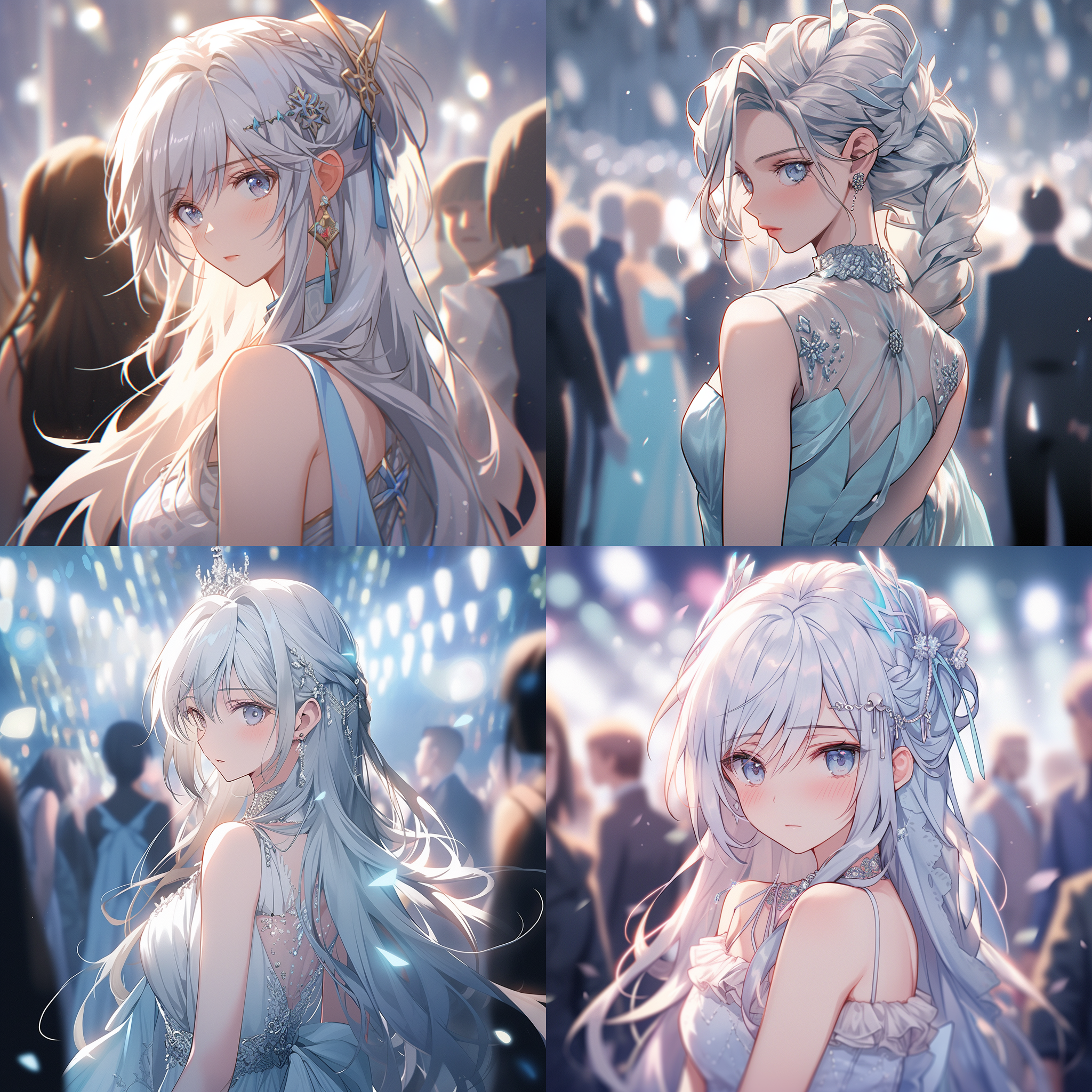 女孩直视观众，银白头发点缀发饰，雪白连衣裙露出白皙肩膀，珠宝耳环，闭嘴，上半身入镜，淡蓝裙上面部标记，无情表情，纹身额头，银白头发，梦幻美感，高清，头发顺直，自然垂落。高对比度，浮雕效果，柔和光线，静态姿势，冷色调，神秘氛围，自信。