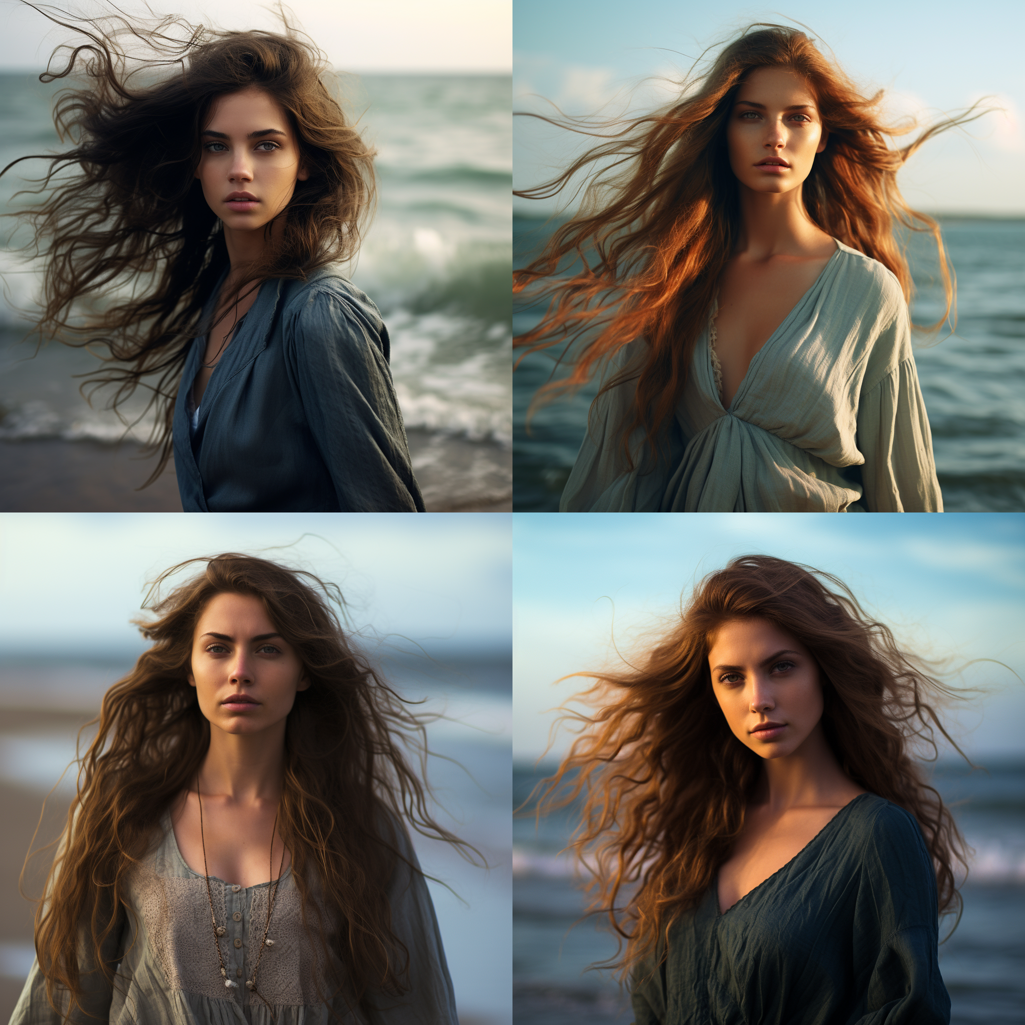 女子长发，不戴墨镜，站在海水里，风吹发丝，眼神深邃。对称平衡，背景有沙滩和大海。时尚大气，长焦镜头，柔和光线，鲜明色调，轻盈动作，自信表情。