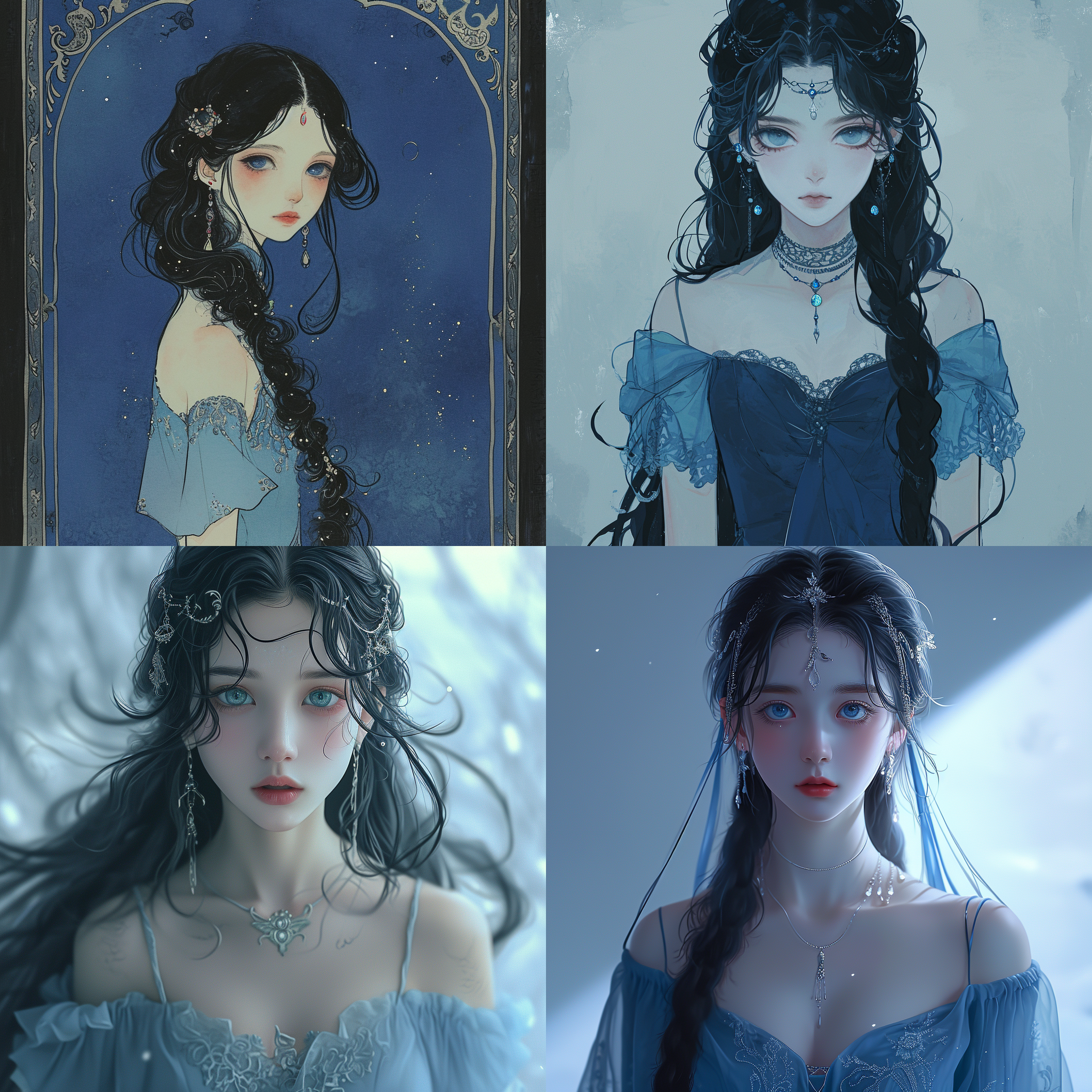 一女孩独自站立，长发披肩，目光直视观众，蓝眼睛闪烁。黑色秀发上点缀着华丽的发饰，身穿深蓝色裙子，露出白皙的肩膀，佩戴珠宝耳环。她闭着嘴，上半身入镜，编着辫子。淡蓝色连衣裙上有面部标记，表情无情，额头上有纹身。