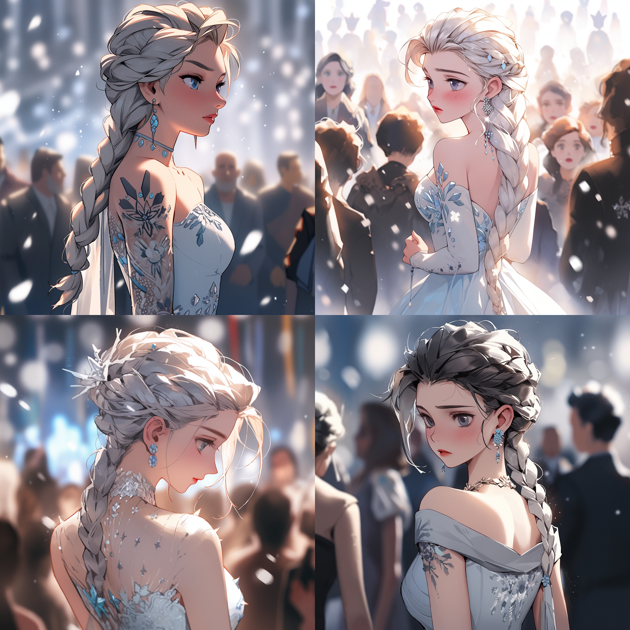 女孩侧视观众，黑发上点缀发饰，雪白连衣裙，露出白皙肩膀，珠宝耳环，闭嘴，上半身入镜，辫子，淡蓝裙上面部标记，无情表情，纹身额头，银白头发，雪白长裙，梦幻美感，高清。