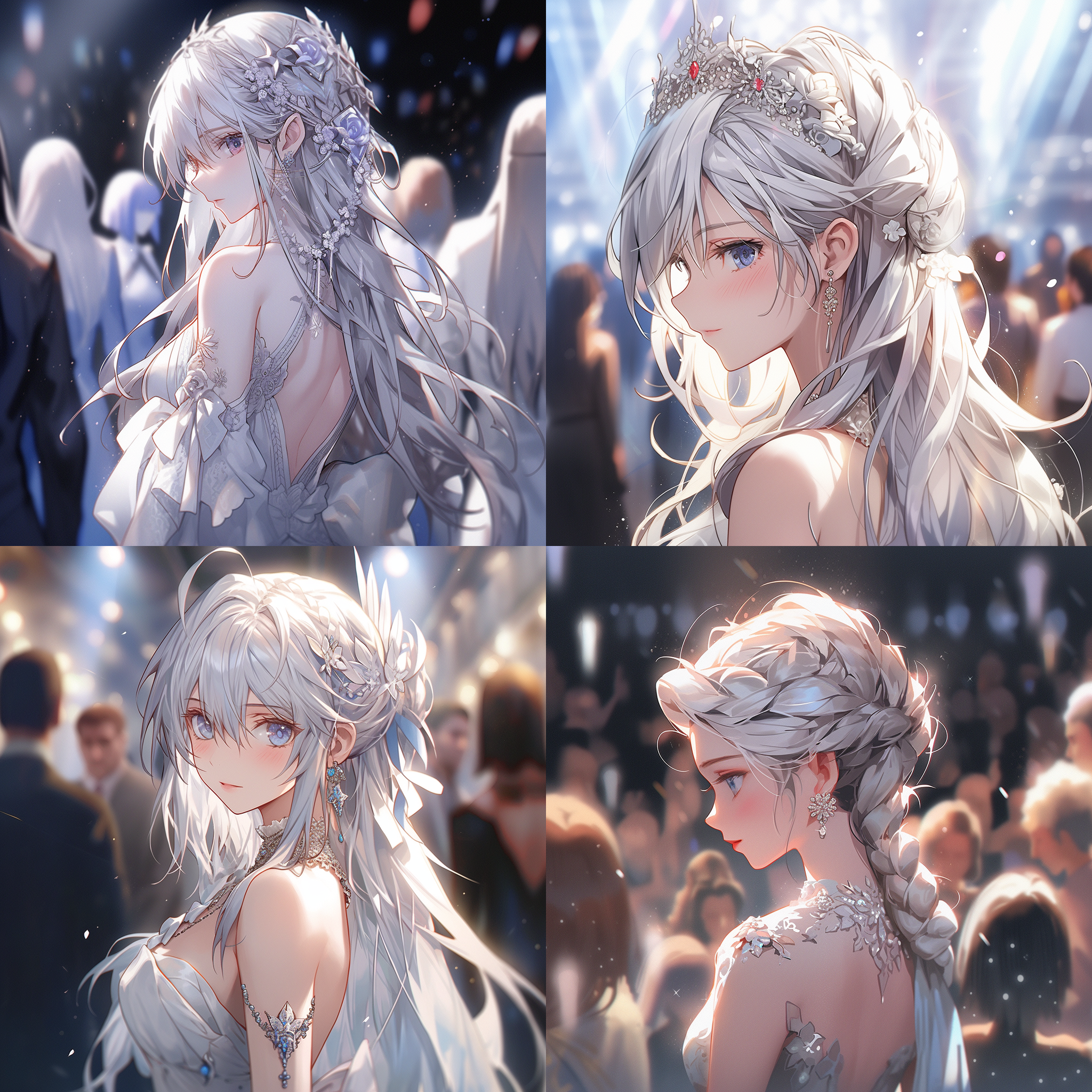 女孩正面直视观众，银白头发点缀发饰，雪白连衣裙露出白皙肩膀，珠宝耳环，闭嘴，上半身入镜，雪白裙上面部标记，无情表情，纹身额头，银白头发，梦幻美感，高清，头发顺直，自然垂落。高对比度，浮雕效果，柔和光线，静态姿势，冷色调，神秘氛围，自信。