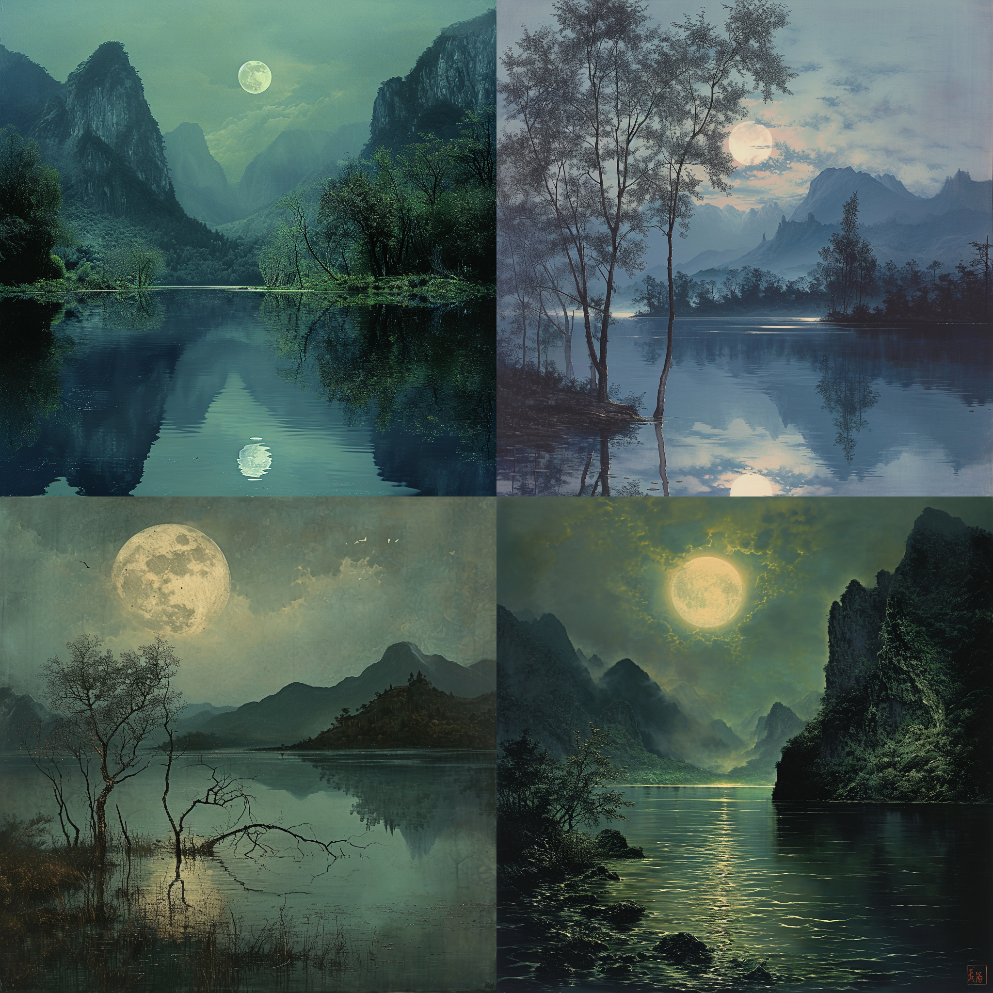 王希孟山水画，高清摄影风格照片，神秘孤独，枯萎，明月倒映在水中，明月小，超写实cg渲染，细节丰富，对比鲜明，静谧，苍凉，暗色调，远山连绵，树木葱茏，寂静的湖泊，动态纹理，水面波光粼粼。明暗对比强烈，细节丰富，纵深感，梦幻般的视觉冲击。