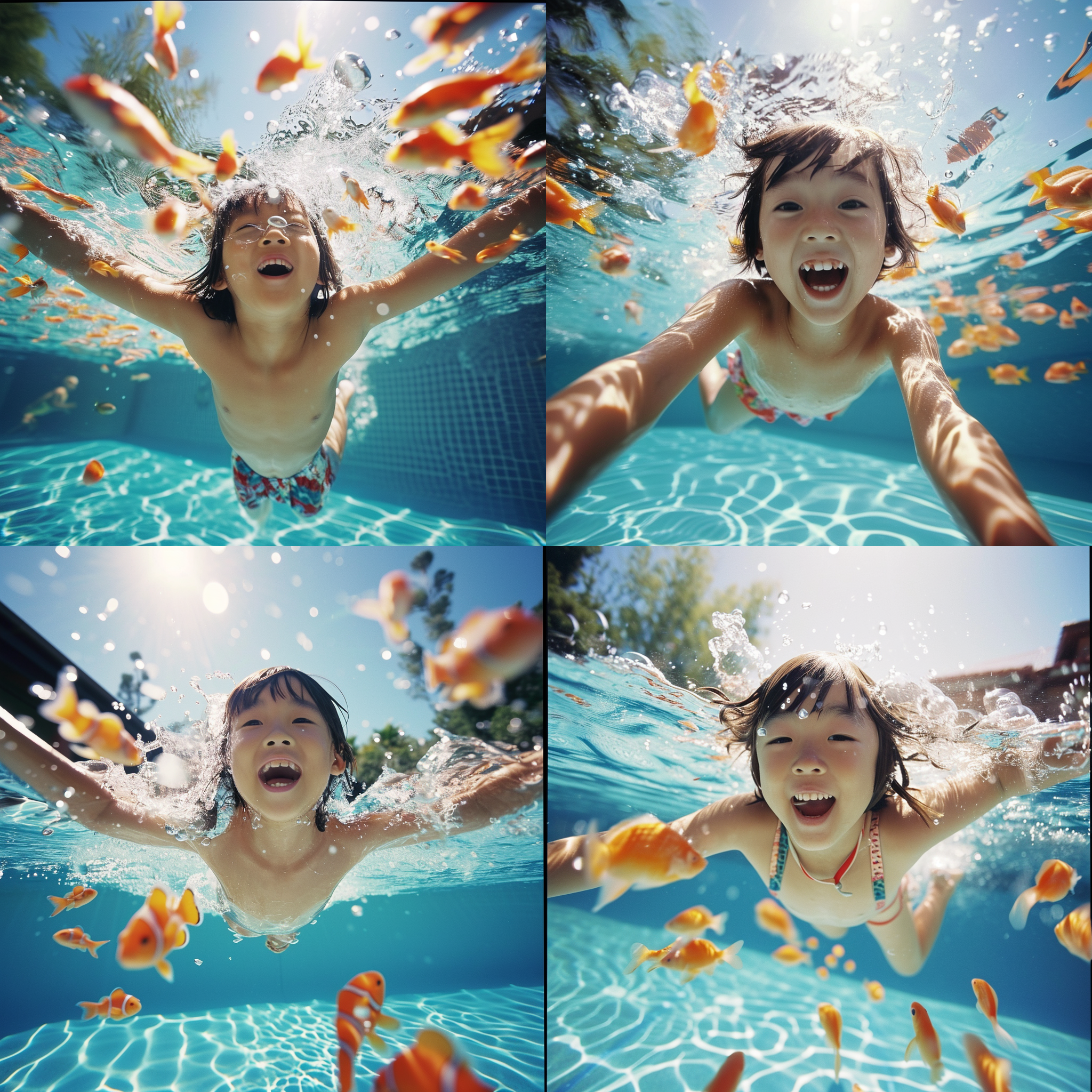 男孩蛙泳，鱼群围绕，泳池见底，阳光明媚。富士100胶片风格，超广角，哈苏中画幅相机。缤纷夏日色彩，快乐开心。清澈，鲜艳，高像素，真实皮肤纹理。