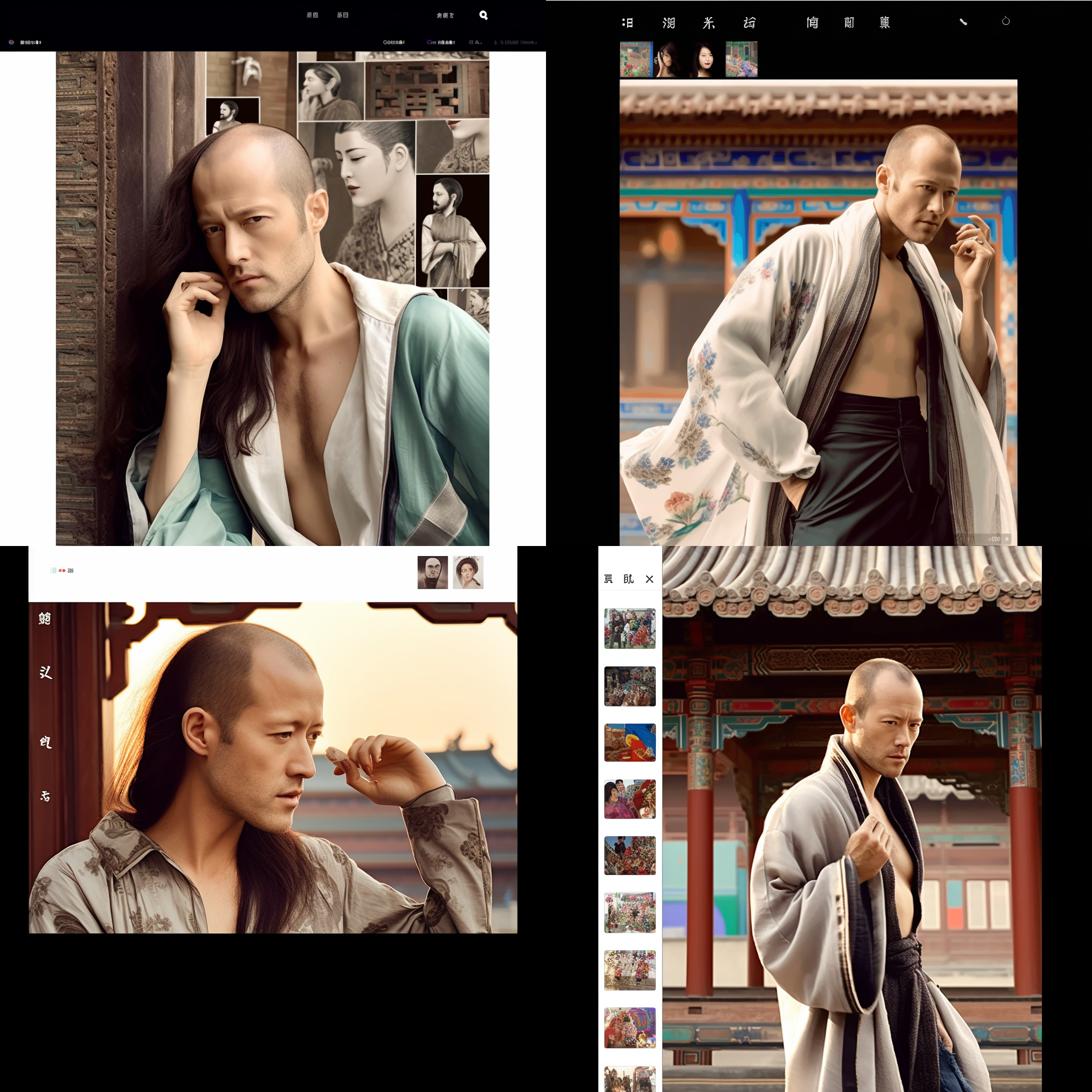 古代敦煌风格装扮，国潮鲜艳色彩，长发，中年男子，盛装，半身照，超细节。古建筑背景，对称构图，大光圈，柔光，自然动作，优雅，自信。