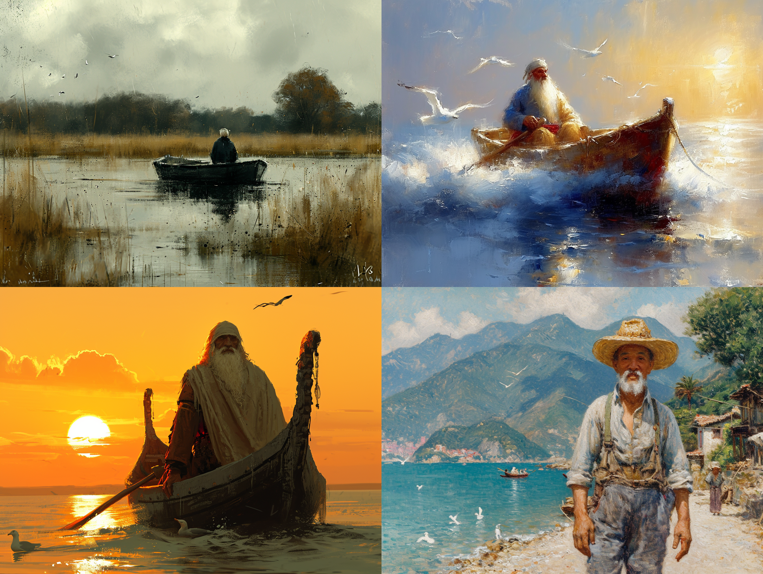 在一片宁静的湖面上，孤独的渔翁坐在小船里。他是一个年迈而安详的老人，略显消瘦。阳光斜洒下来，形成了柔和的明暗对比。 画面采用写实主义风格，注重细节描绘。老渔翁精心打理着白色头发和胡须，在微风中摇曳起伏。他身穿简朴的蓝色渔夫服装，透露出他无拘无束、随遇而安的生活态度。 周围环境自然而富有生机：湖泊平静如镜，倒影天空与树木；轻纱般浮云漂浮在蓝天之上；几只低飞的白鸥点缀着整个画面。 探究光影变化是这幅画的关键部分：夕阳西下投射出金黄色调，并创造出微妙印象主义笔触效果；局部阴影强调老渔翁面容岁月流转所产生的纹路和皱纹。 整体构图以温暖色调衬托老人与大自然之间平静和谐情感，并通过杂乱笔触表达了大自然的生命力和渔翁心境放松安详的对比。 指令：采用写实主义风格描绘老渔翁外貌特征，注重细节表现；营造明暗对比及金黄色调以强调光影效果；创造富有生机与平静情感相辅相成的环境。