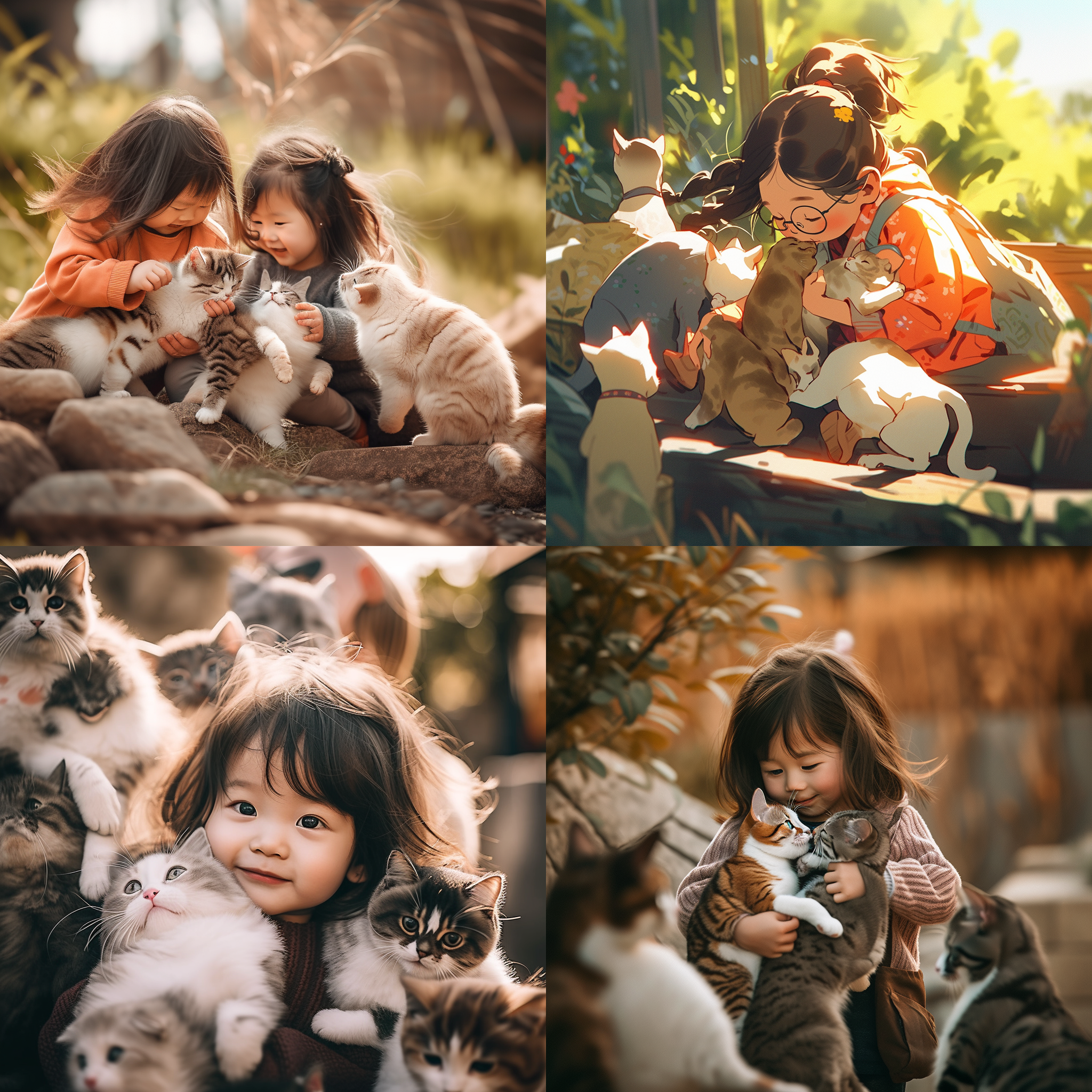 小女孩与家人和猫猫，户外拍摄，自然光线，温暖色调，笑容满面，亲密互动，环绕式构图，长焦镜头，柔和对比度，快门留影，幸福温馨。