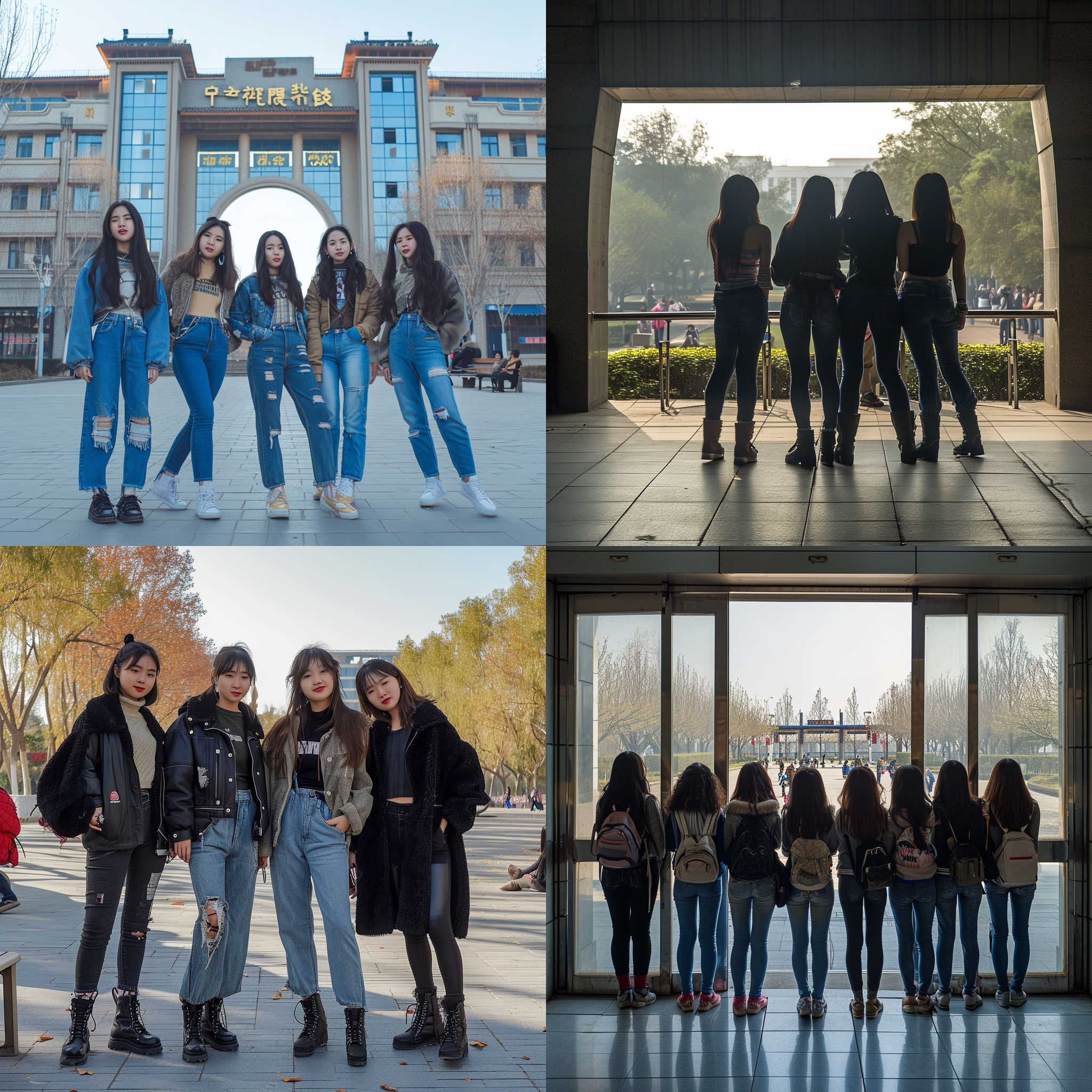 一群穿着紧身牛仔裤清纯美少女站在西安科技大学校门口