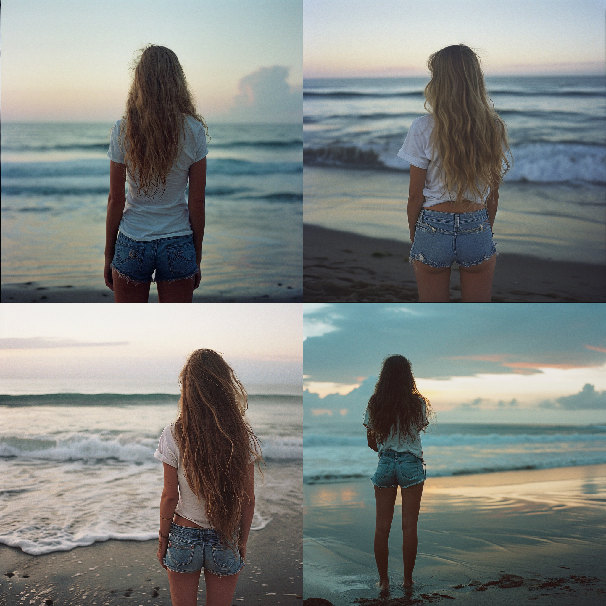 18岁女孩傍晚站在海边沉思，赤脚，穿着牛仔短裤和白t恤。她长发飘逸，皮肤白皙，身材前凸后翘。大光圈下，远景中她静态而自然地凝望着海洋。柔和的色调渲染整个画面，广角镜头捕捉到周围的环境。微风轻拂，平静的氛围洋溢其中。