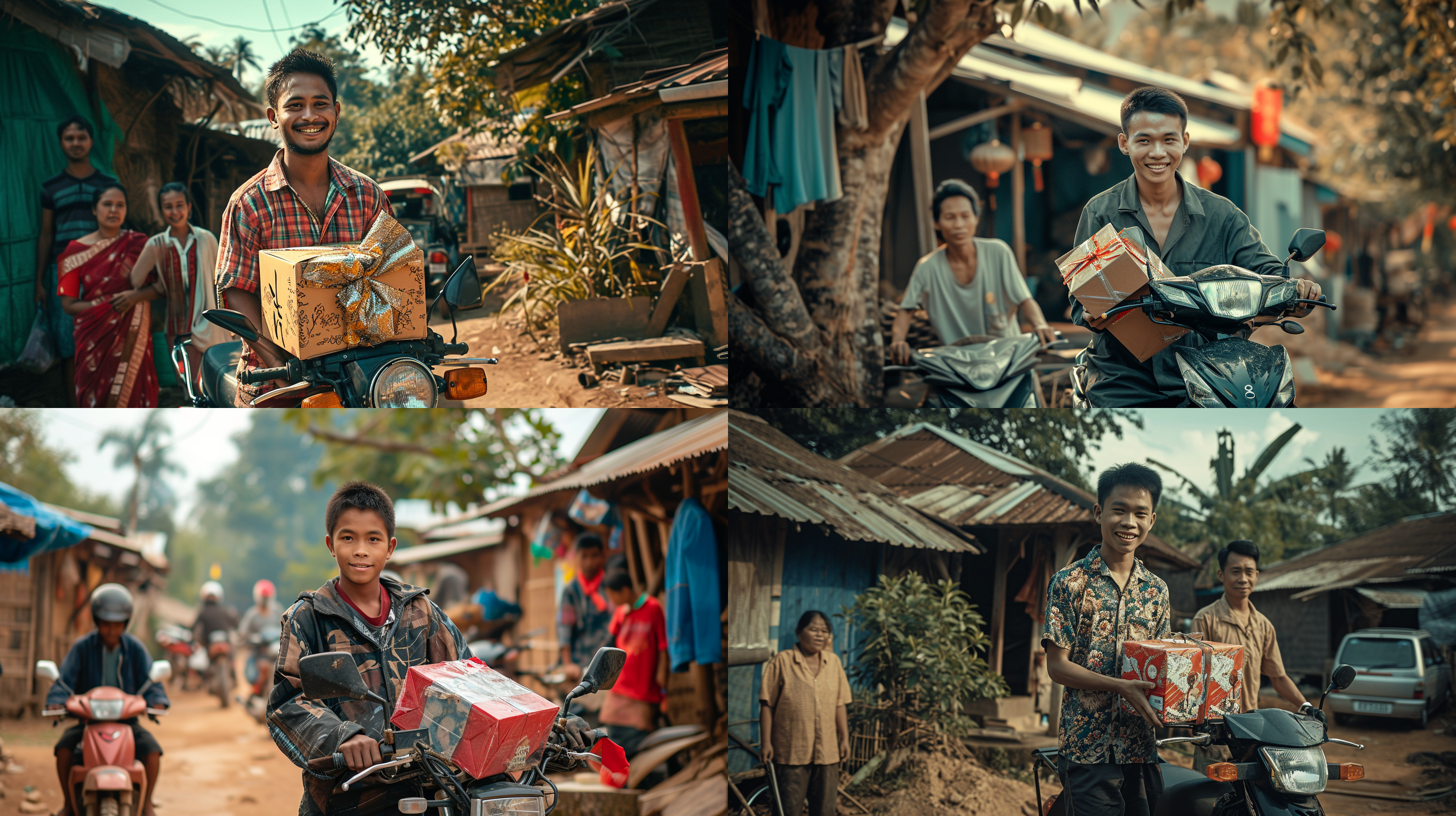 年轻男子提着礼盒从越野车上下来，旁边村民微笑。环境肖像风格，村庄房屋和树木背景。广角镜头突出男子形象。柔和光线，温暖色调，过年氛围。讽刺、挑衅情感。摩托车、礼盒、村庄、羡慕、挑衅、讽刺、温暖、肖像风格、广角镜头、过年。
