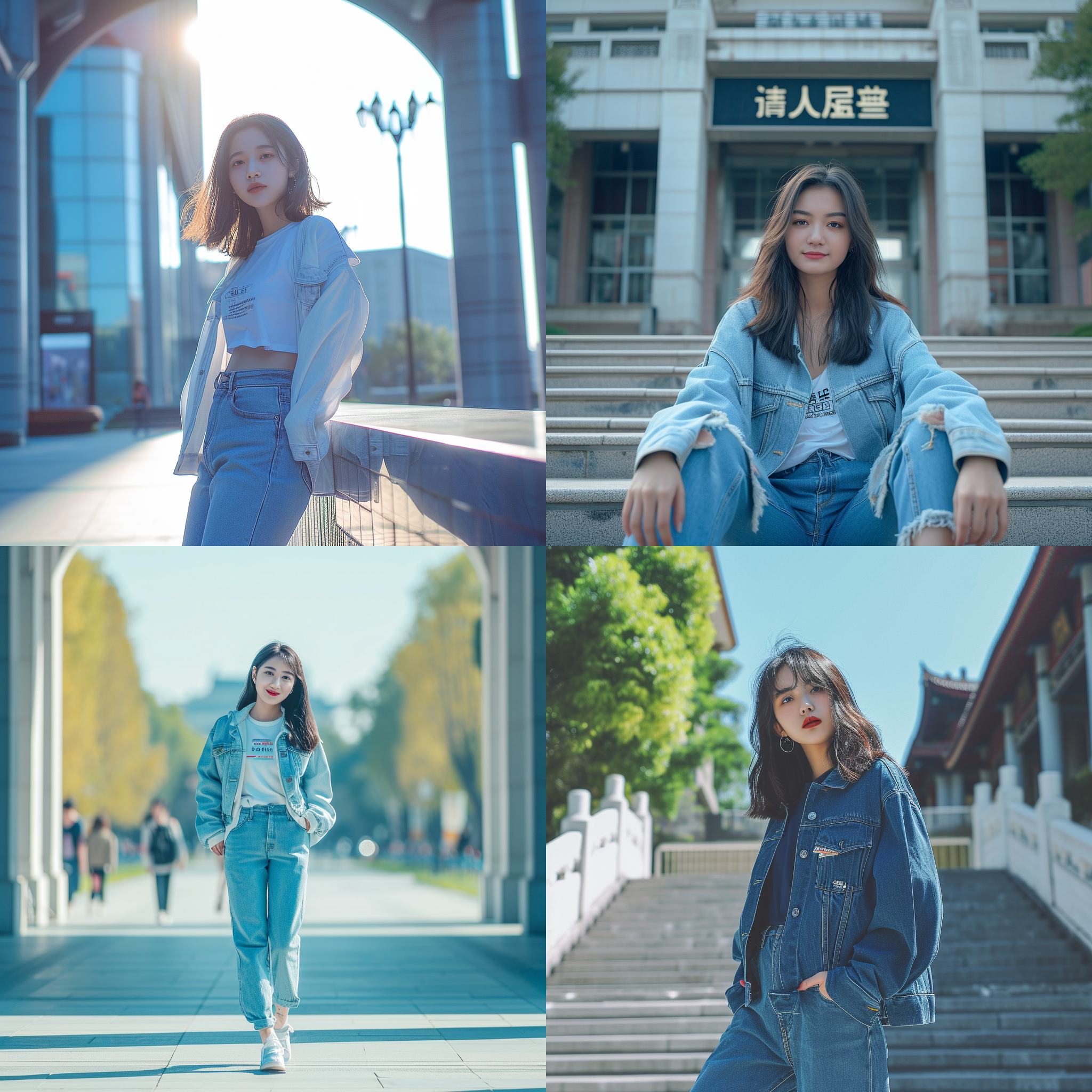 清纯美少女，西安科技大学门口，群体，对角线布局，牛仔裤，青春活力，环境拍摄，广角镜头，明亮光线，自然动作，友好互动，蓝色调，快门捕捉，欢乐。