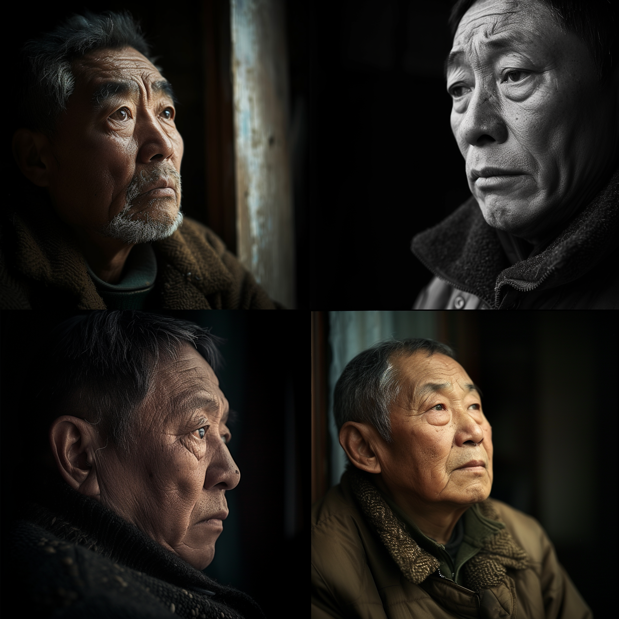 中年华人男子，孤灯思索中。面容深沉，眼眸流转着坚定而挣扎的光芒。岁月雕刻出深沟壑，预示着即将来临的暴风骤雨。对角线布局，高对比度，暖色调，广角镜头，表情和环境的捕捉。紧张和坚韧的情感，展现了他面对转型的决心和勇气。