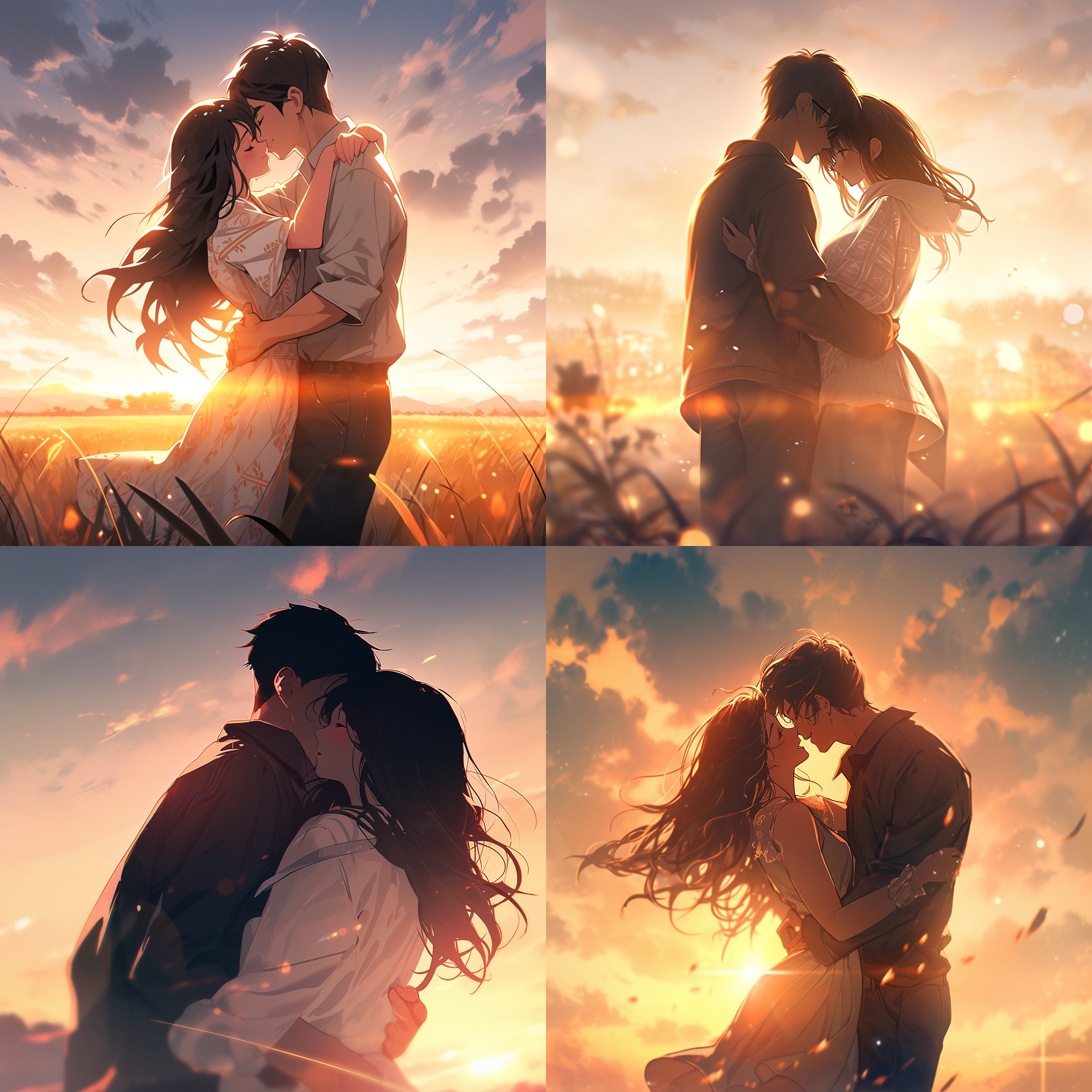 热恋的甜蜜，两个相互拥抱。远处是金色的日落，天空中飘着几朵白云。他们笑着，眼神中透露着温柔和幸福。使用胶片摄影效果，柔和的色彩调整，迷离的背景虚化，浪漫的氛围，轻柔的光线，亲吻，温暖。漫画风格