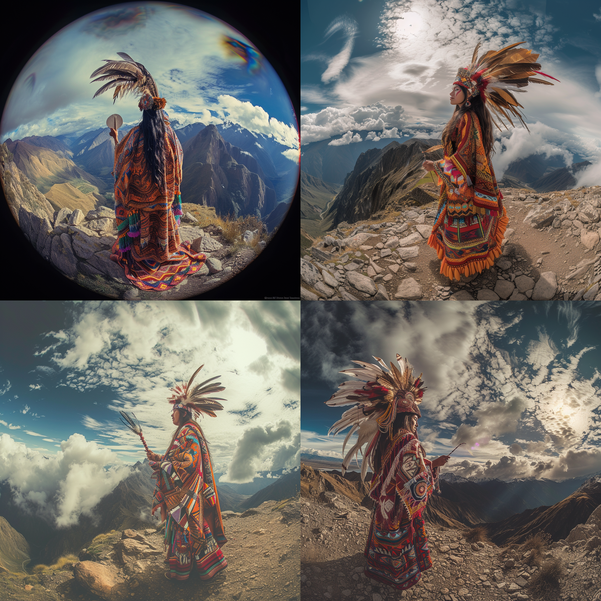印加女巫师，站在山顶，背景是壮丽的安第斯山脉。她穿着传统的彩色长袍，手持一把羽毛魔杖，头戴华丽的羽毛头饰。照片呈现出浓重的神秘氛围，使用鱼眼镜头拍摄，色调偏暖，光线透过云层洒在她身上。神秘、力量、威严、与自然的联系。