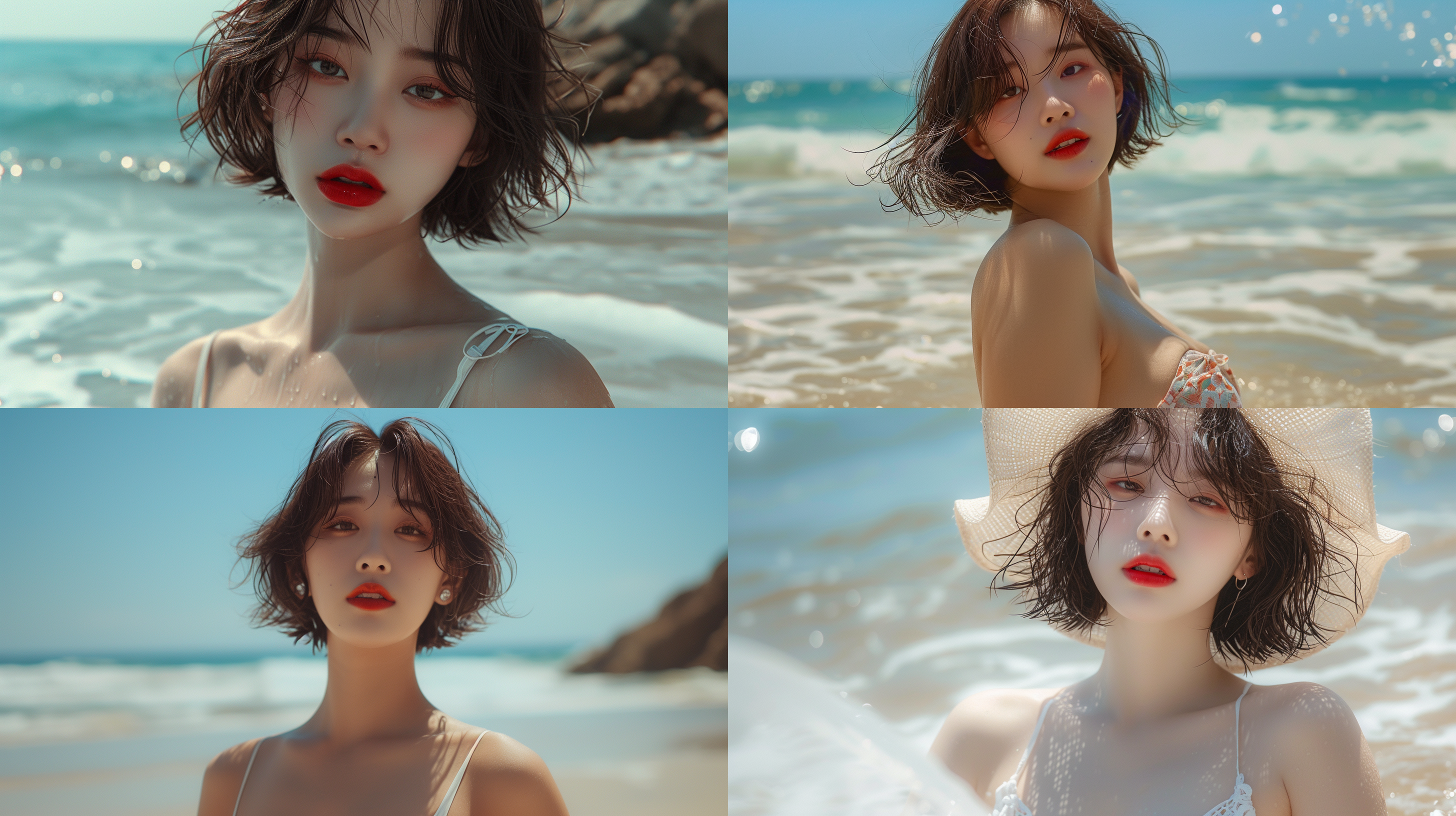 海边，真实场景，韩国美女，红唇，短发飘飘，妆容精致，白色比基尼，全身画面