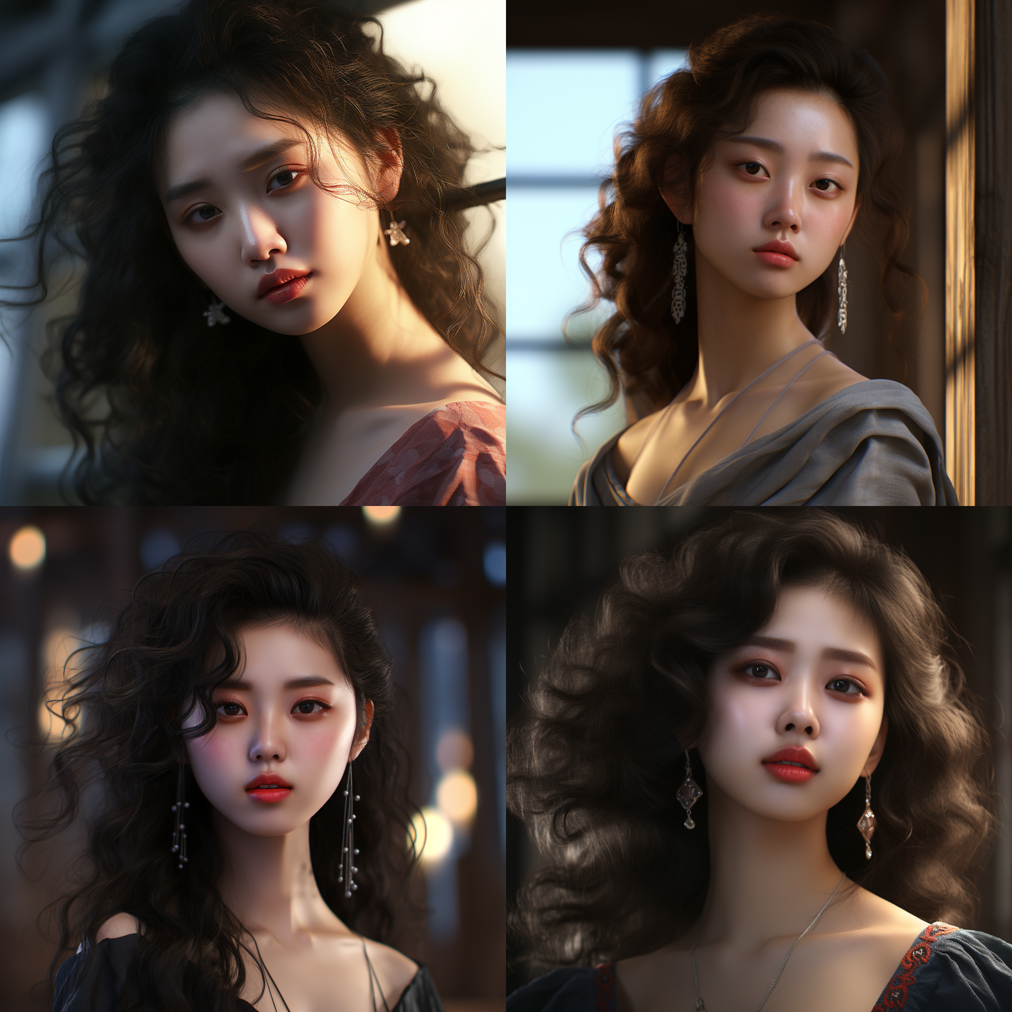 半身像 - 中国女孩，特写镜头，美丽的面容，超模风格，白皙肌肤，张开嘴巴，丰满嘴唇，精致妆容，极具女性魅力，自然卷发，景深，屡获殊荣的核心真实感，梦幻，柔和光线，高清，精细纹理，王家卫摄影风格，虚幻引擎，8k，超高细节。