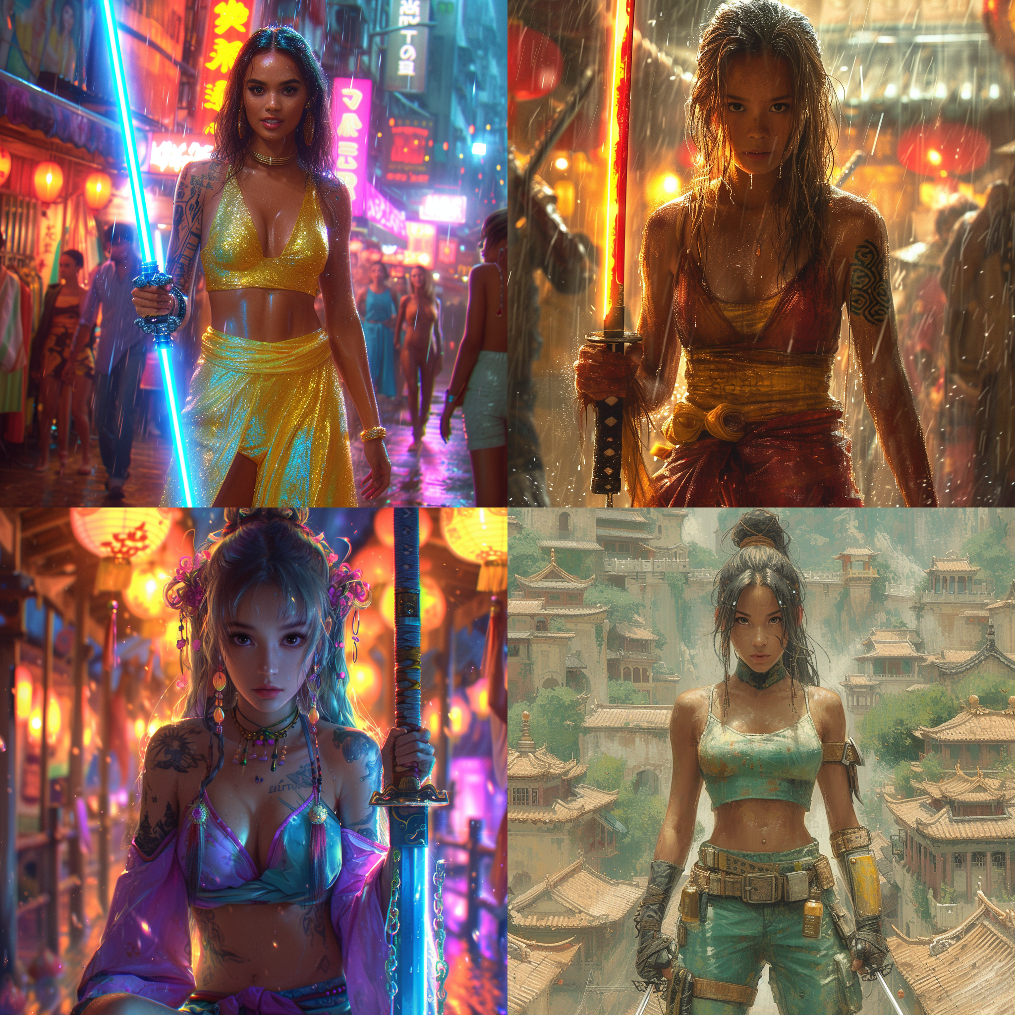 一个有武士赛博朋克激光剑和纹身的漂亮女孩，风格是我不敢相信这有多美，马克西姆，非常诱人的调情，超现实，前凸后翘，罗斯·特兰和托德·麦克法兰的绘画