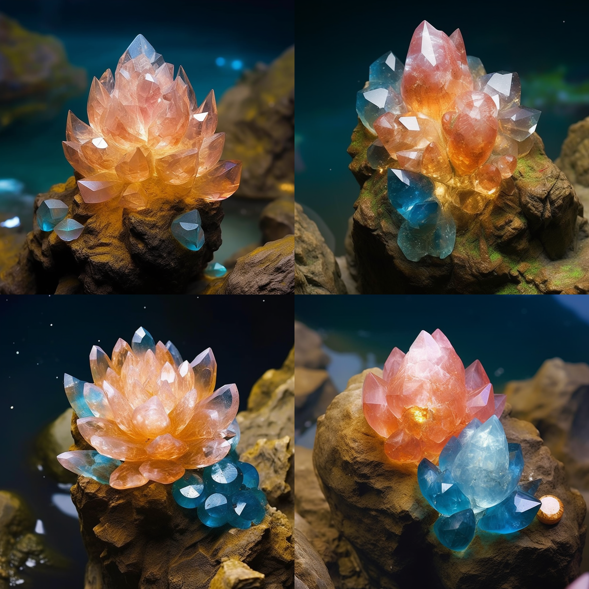 宝石矿脉绽放如莲花，晶莹剔透。多面晶体散布星云光点，魔法光线穿过。初、中、高级宝石散布，孕育水、火、金、木、土能量。微光火焰环绕全场，神秘魅力氛围。莲花般的矿脉中心吸引目光，色彩丰富，令人惊叹。矿石间流动的光线创造出动态感，增添神秘感。