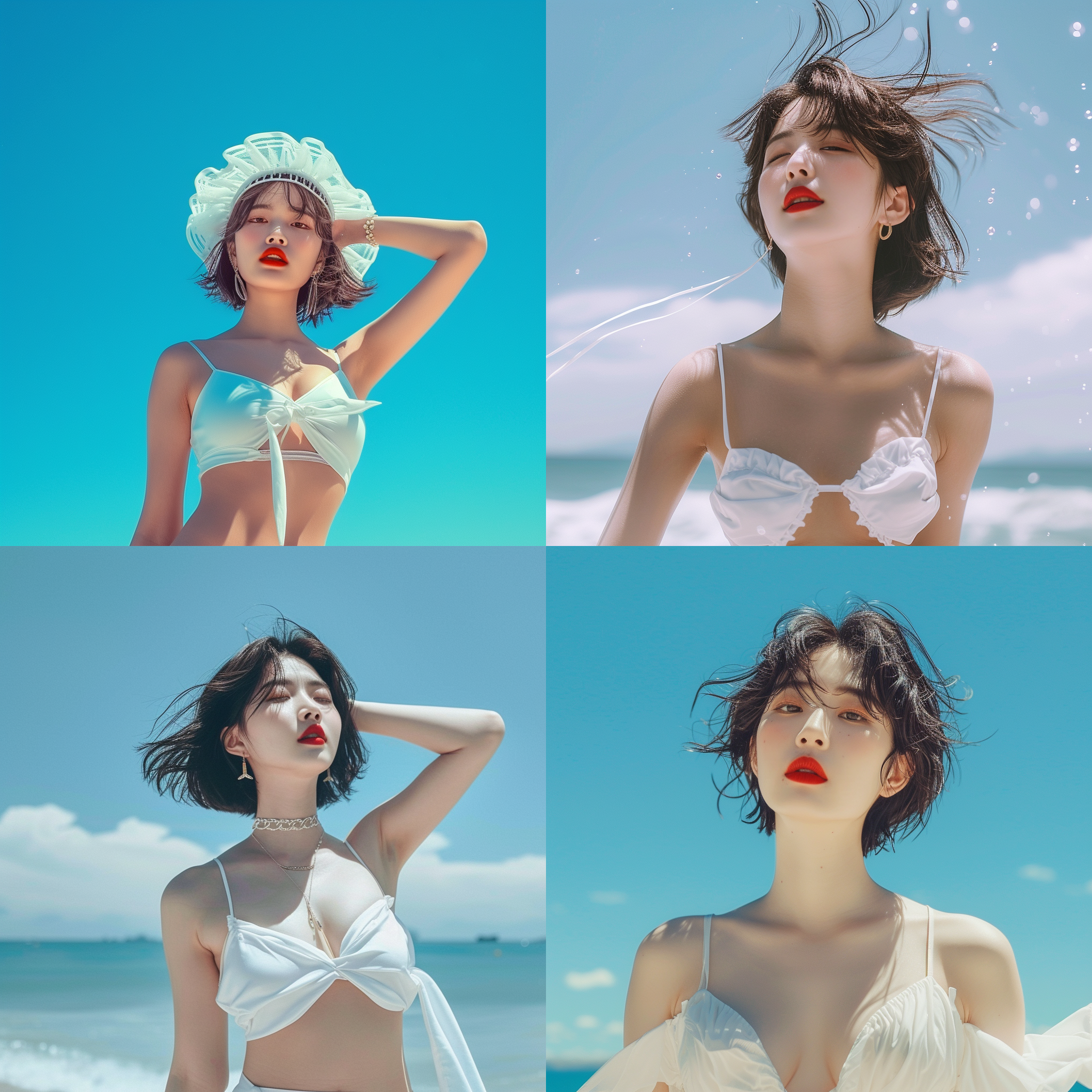 韩国美女，红唇，短发飘飘，妆容精致，白色比基尼，全身画面，明亮光线，自然风格，蓝天碧海，欢快动作，自由自在，活力四溢。