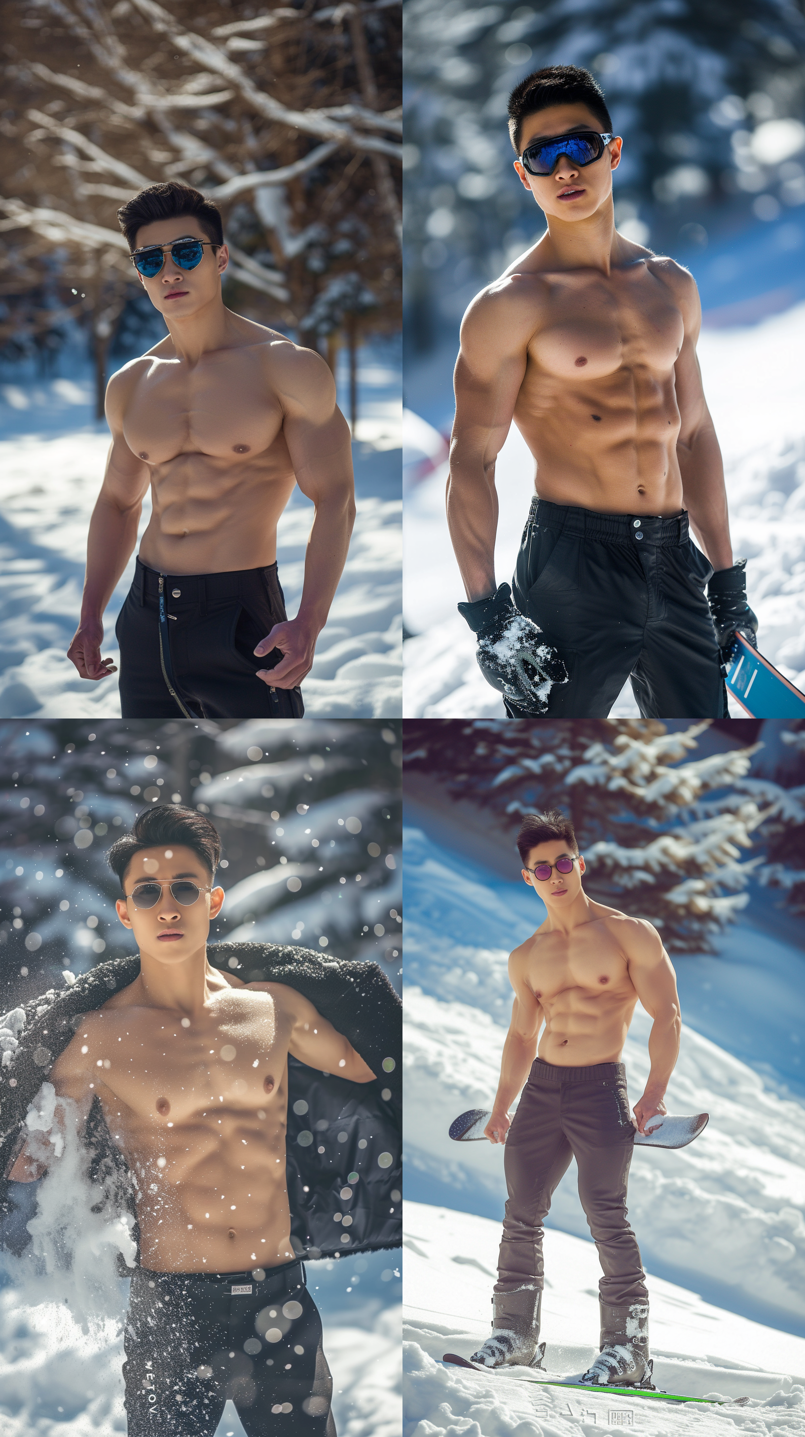 冬季的晴天，雪地上，中国男模特拍摄泳装广告，带着滑雪护目镜在雪地里滑雪下山，阳光、健康、活力。健硕身材，肌肉线条。面庞线条分明，自信专业，舒适时尚。表现力感染力，活力激情。发达肌肉，线条完美，胸肌腹肌手臂惊叹。肌肉注入力量生命力，强烈男性魅力，穿着黑色的裤子，鞋子，脚下踩着滑雪板，全身照，全景照，尼康750拍摄，