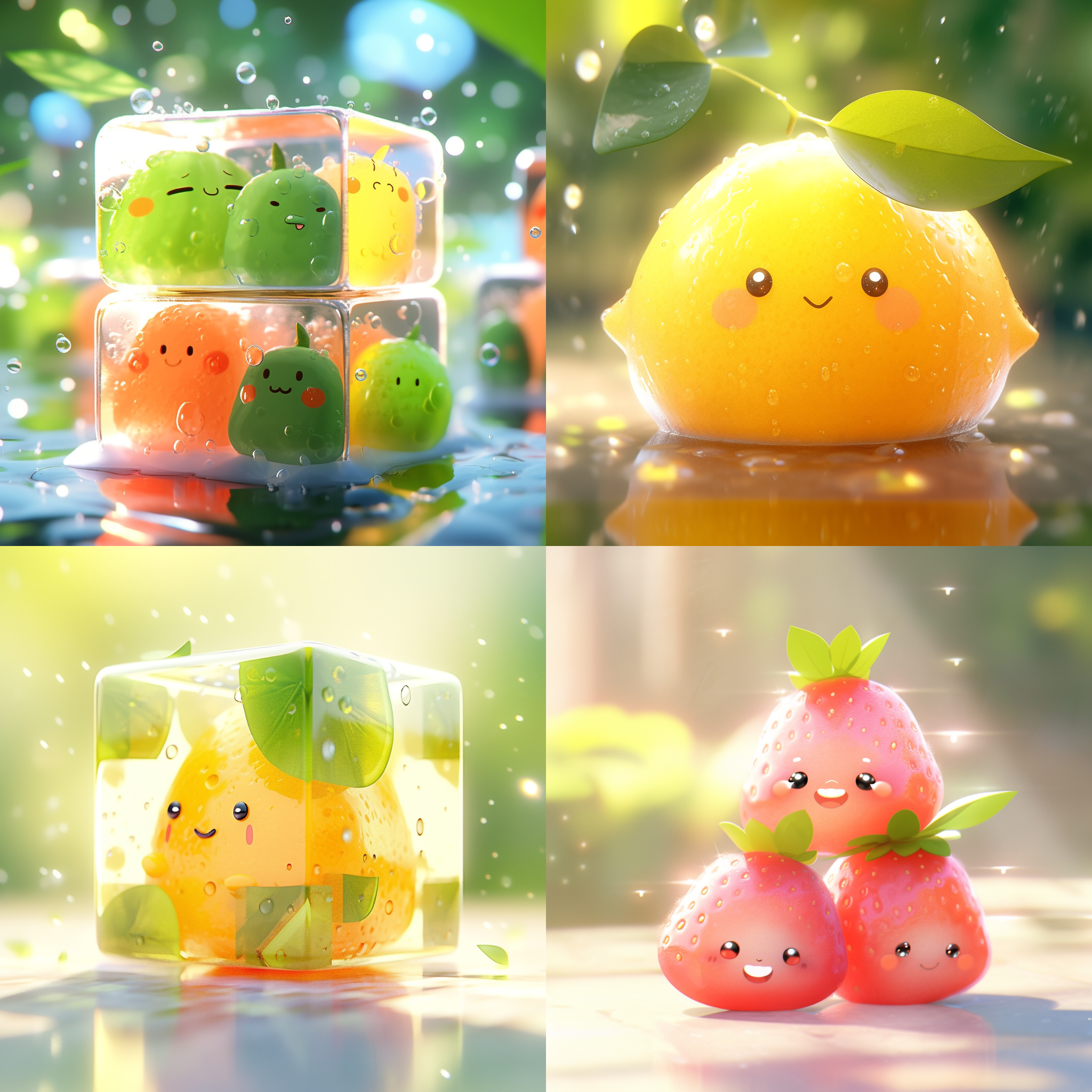 正方形水果，可爱表情，光线追踪 ，三视图绘制，光线柔和，超高清，全正面，c4d，自然光，16k，小玩具，oc渲染器，3d渲染，真实感，玻璃质感