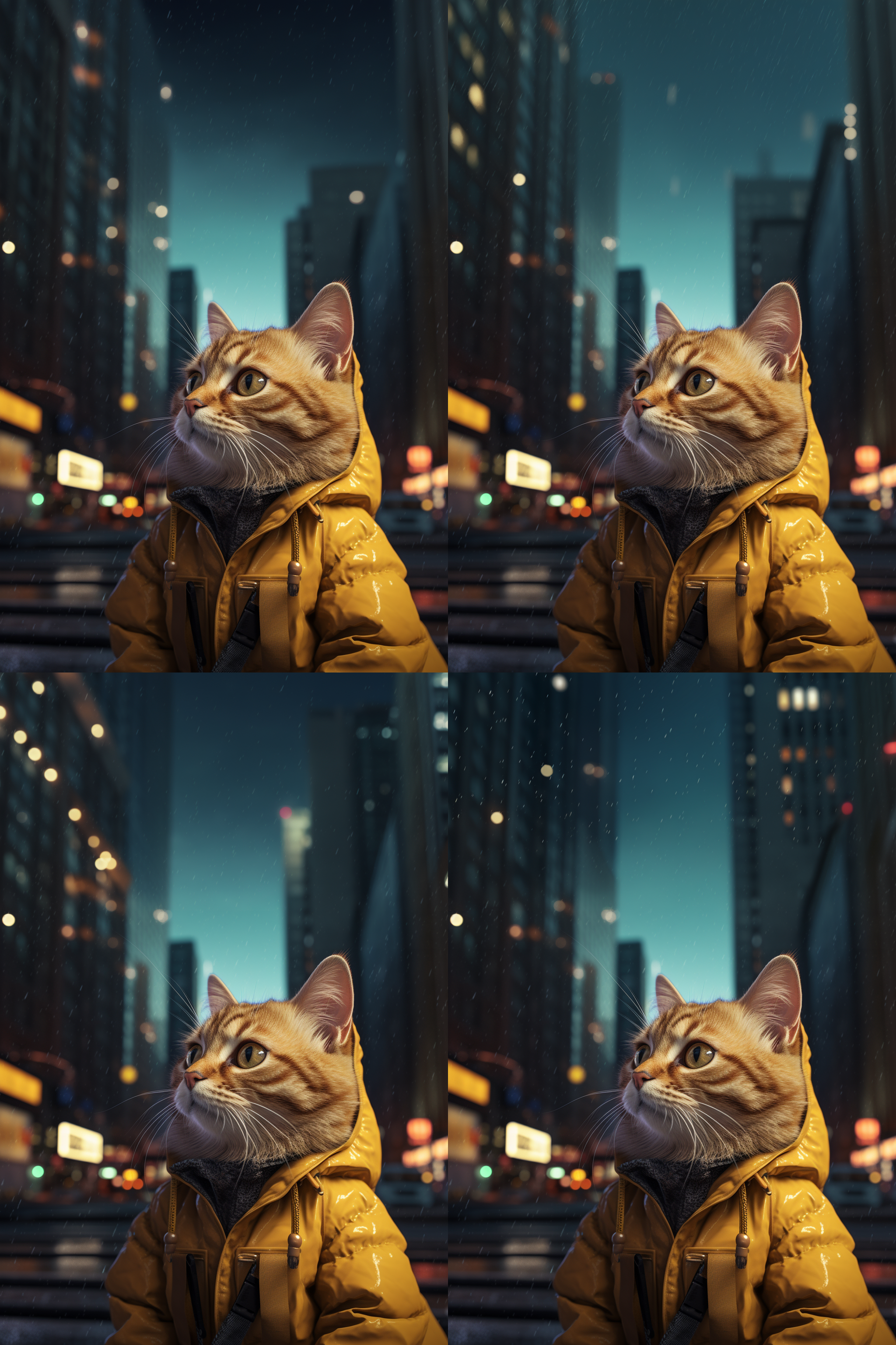 拟人猫，穿着黄色羽绒服走在街上，背景是繁忙的城市街道，透露出冬日温暖。远处高楼大厦与灯火辉煌的广告牌形成对比。光线柔和，呈现明暗交替的效果。猫咪带着微笑，眼神中透露出自信和好奇，给人温馨欢乐的感觉。拍摄使用了长焦镜头，突出主体的形象。