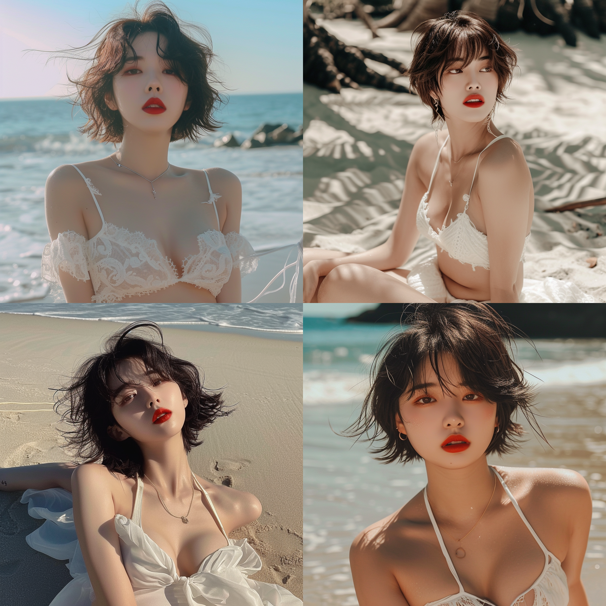 海边，真实场景，韩国美女，红唇，短发飘飘，妆容精致，白色比基尼，全身画面