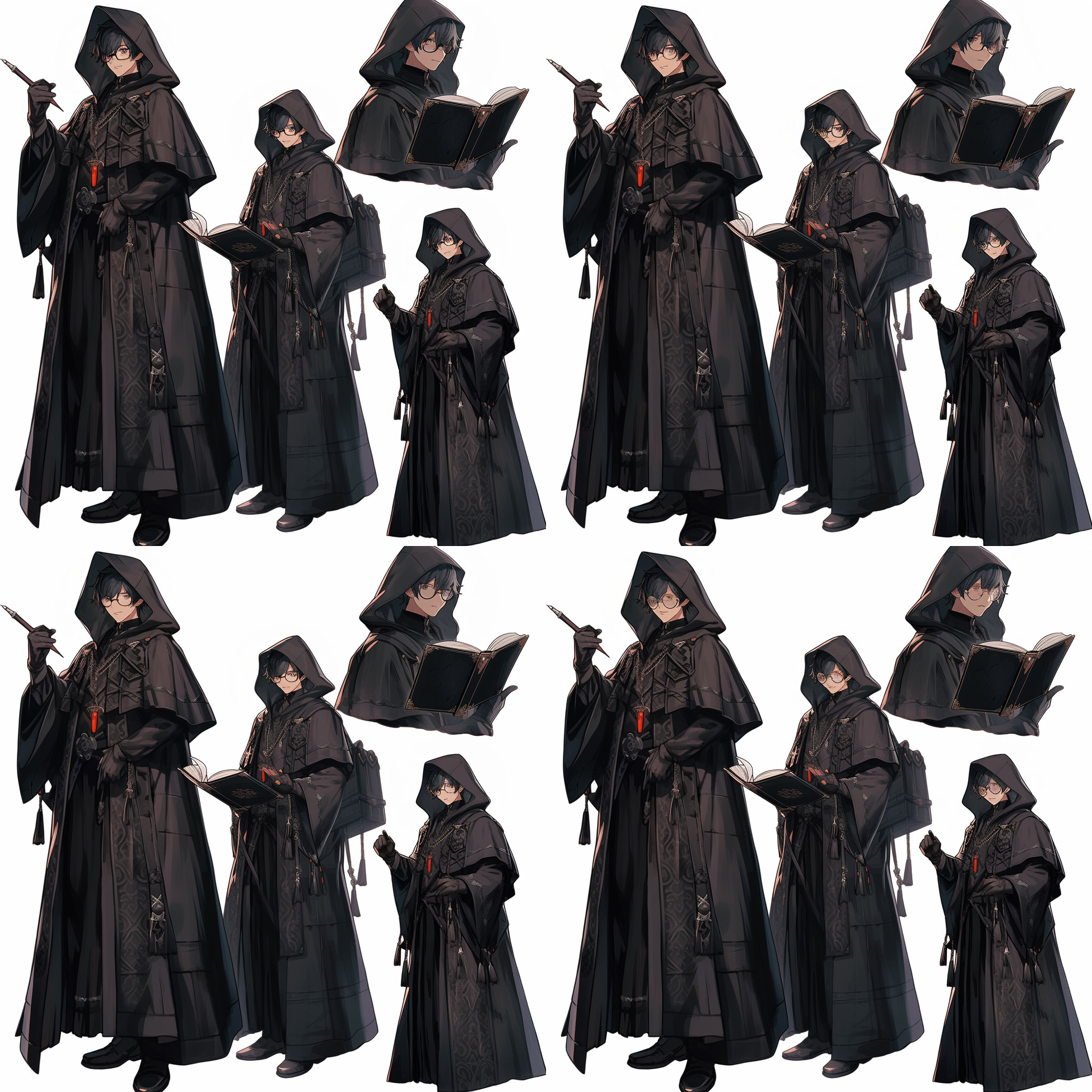 全身图，动漫风人设图，中年男性，黑色袍服，兜帽，暗蓝短发，深紫瞳，手持黑书，手枪，红荆棘纹手枪，紫太刀，紧凑构图，高饱和度，暗色调，细节清晰，立体感，冷色调，自信。