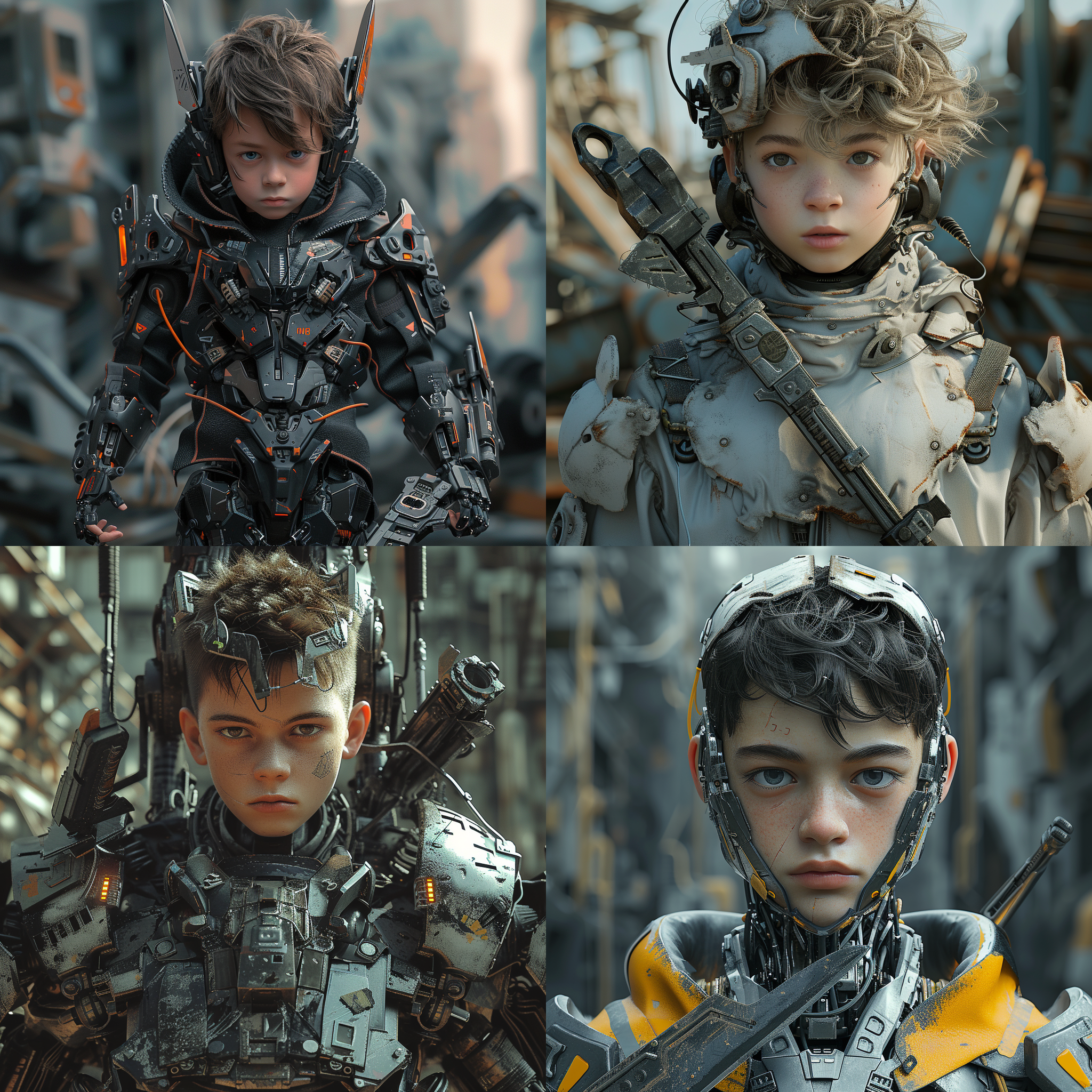 机械未来风，一个身穿机甲手拿战刀的男生。23岁，直视镜头，不戴帽子，机械废墟背景，高品质，精致刻画，特写视图，全身照。正视图，超级细节，逼真渲染。 机甲手拿着武器，机械废墟背景，高清晰度，特写镜头，全身照，角度适中，金属光泽，冷色调，锐利，紧张。