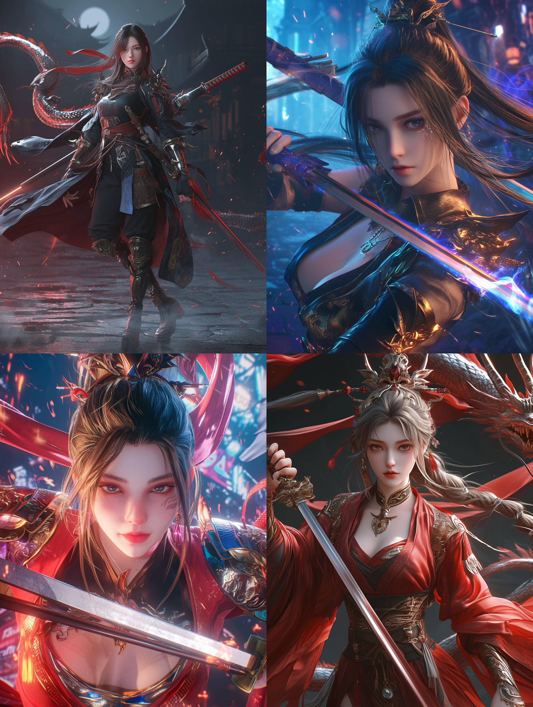 赛博朋克风格，中国古代女侠客，长着一副演员柳岩的脸，妖娆的身材，身穿古代服饰，手握长剑，做着战斗的动作，前视图，赛博朋克街道背景，中景摄影，龙元素环绕，太极圆环，人物特写，超高清，细节狂魔，梦幻引擎，3d数字渲染，uhd，视频拍摄，清晰外观设计，8k，莱卡镜头。