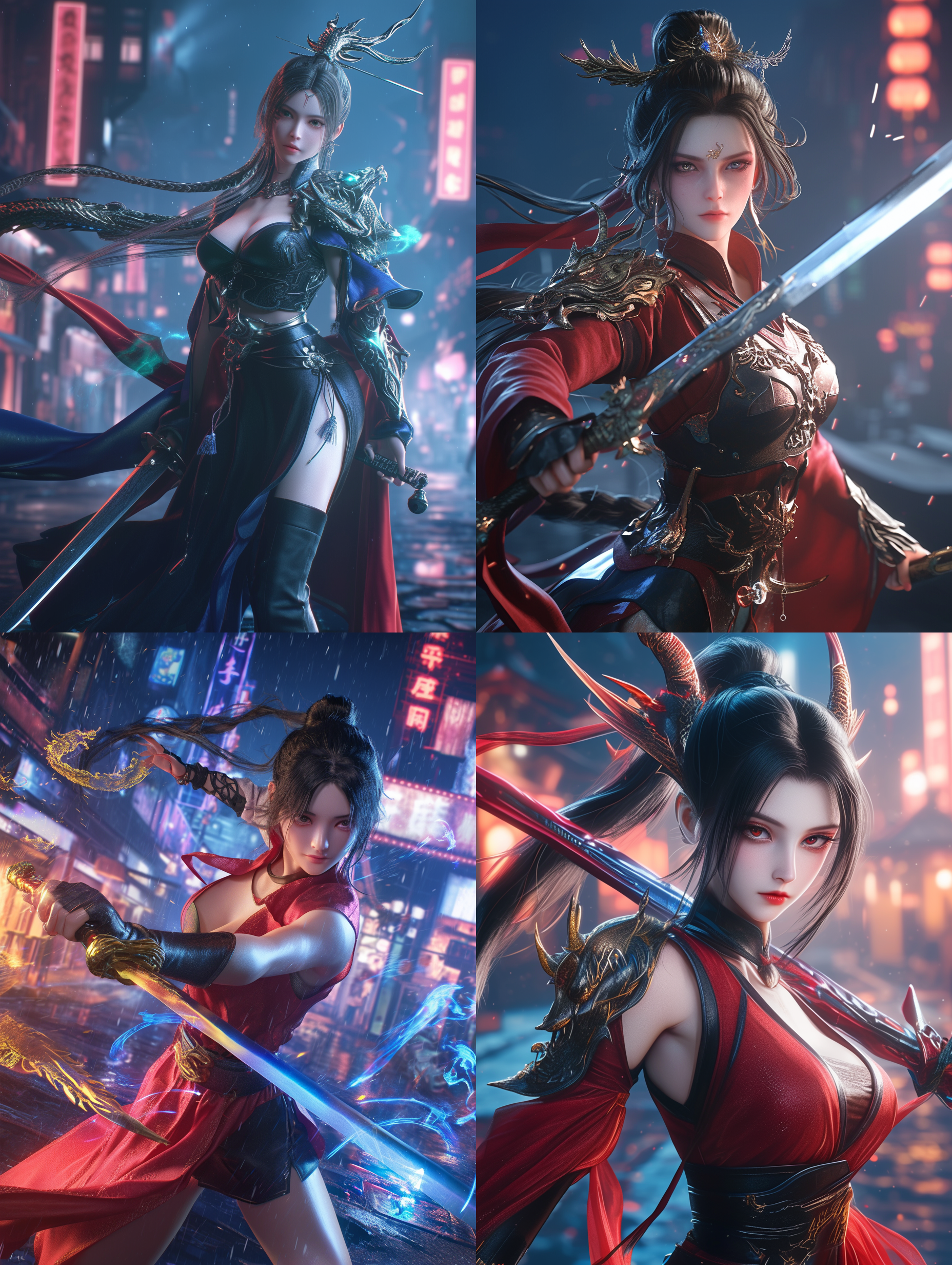 赛博朋克风格，中国古代女侠客，长着一副演员柳岩的脸，妖娆的身材，身穿古代服饰，手握长剑，做着战斗的动作，前视图，赛博朋克街道背景，中景摄影，龙元素环绕，太极圆环，人物特写，超高清，细节狂魔，梦幻引擎，3d数字渲染，uhd，视频拍摄，清晰外观设计，8k，莱卡镜头。