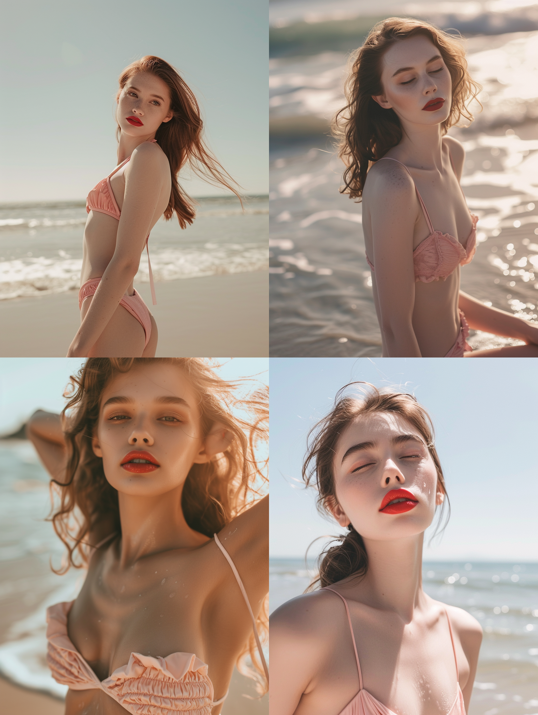 美女在海边，红唇精致妆容，穿着粉色比基尼，全身画面，远景，自然光，柔和色调，自信。真实场景。