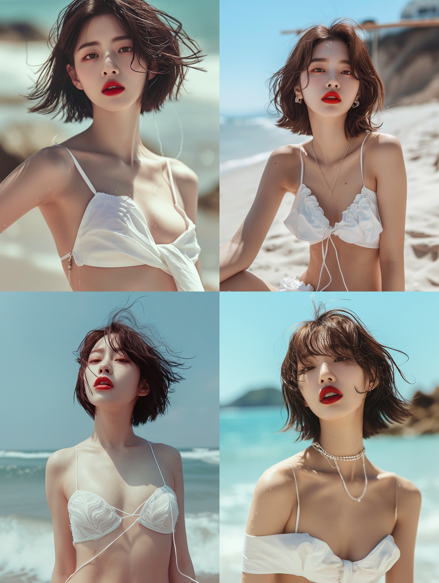 海边，真实场景，韩国美女，红唇，短发飘飘，妆容精致，白色比基尼，全身画面