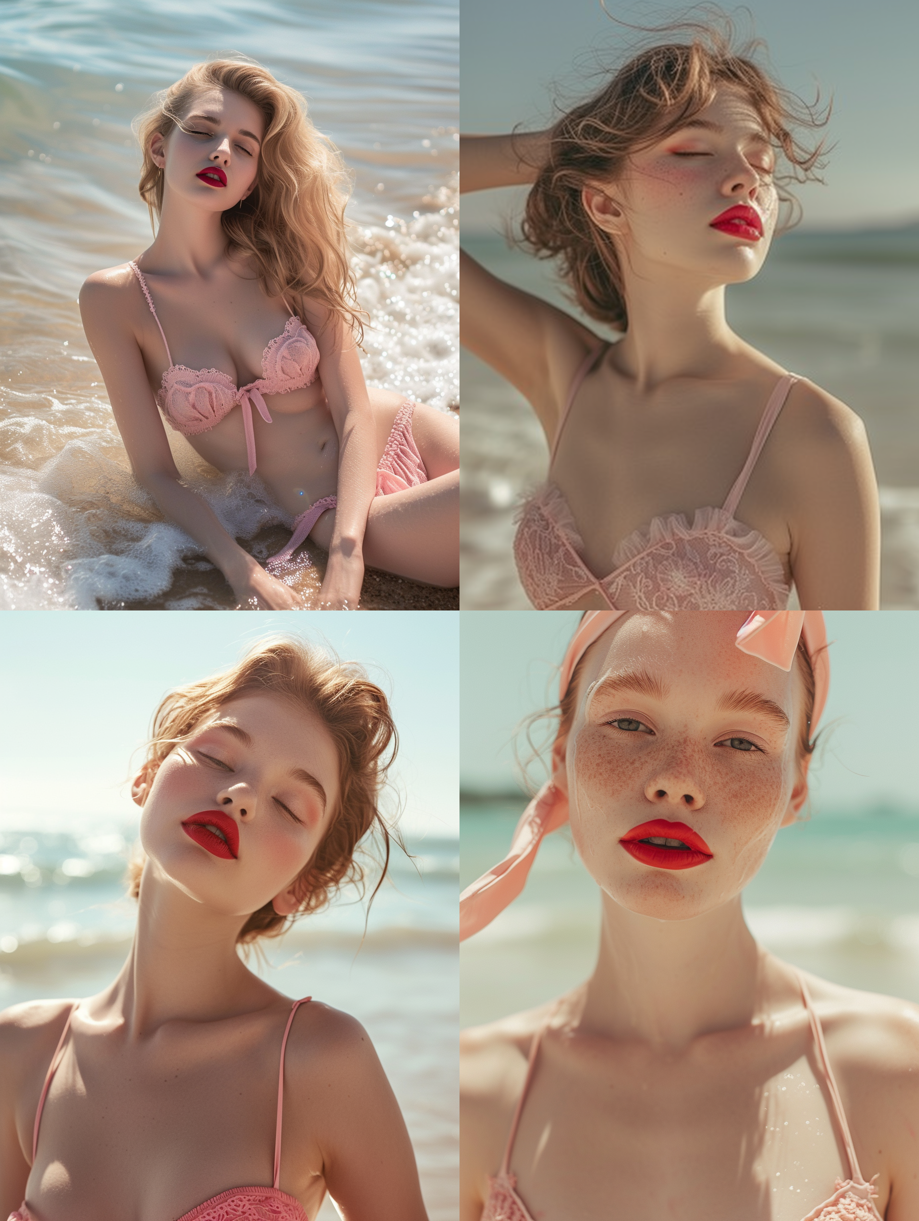美女在海边，红唇精致妆容，穿着粉色比基尼，全身画面，远景，自然光，柔和色调，自信。真实场景。