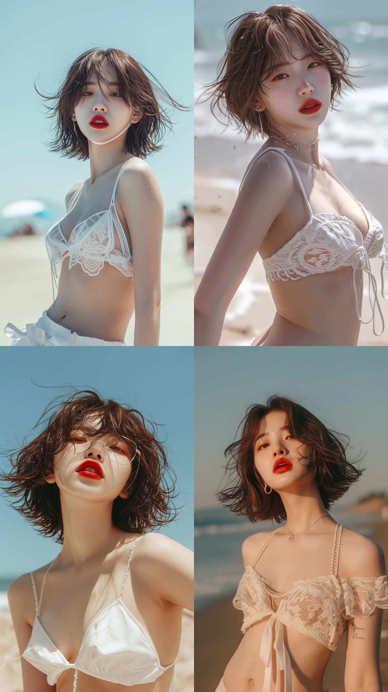 海边，真实场景，韩国美女，红唇，短发飘飘，妆容精致，白色比基尼，全身画面