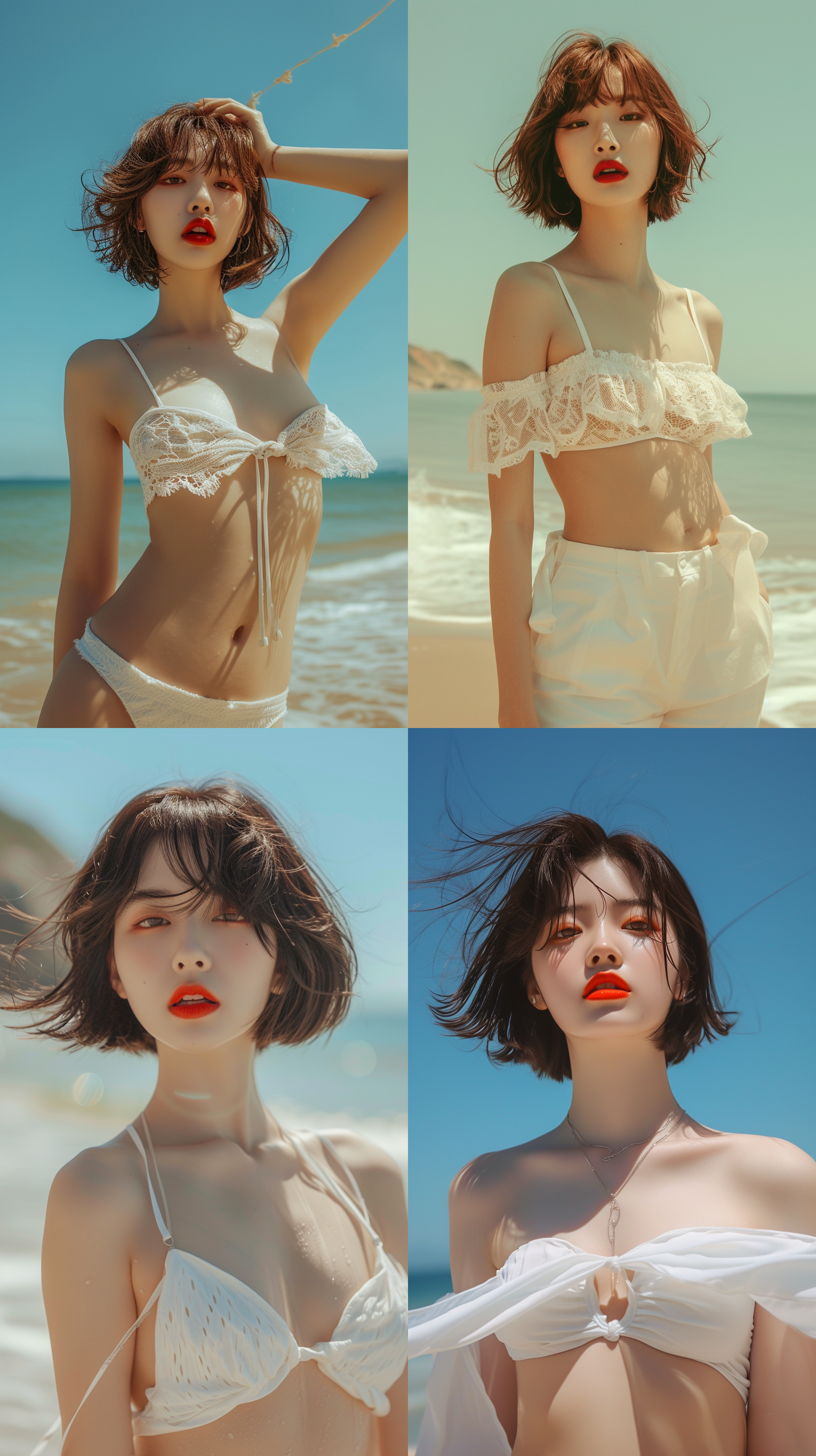 海边，真实场景，韩国美女，红唇，短发飘飘，妆容精致，白色比基尼，全身画面