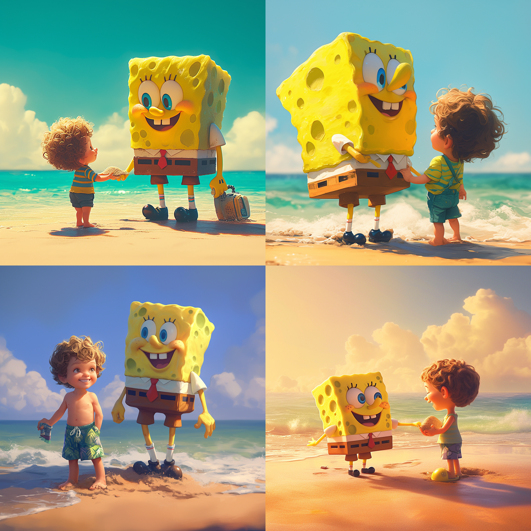 海绵宝宝与三岁小男孩合影，站在海边沙滩上，笑容灿烂。逆光拍摄，柔和的阳光洒在他们身上，形成明暗对比。海风吹拂着他们的头发，小男孩穿着亮色泳衣，海绵宝宝手里拿着沙子，表情温馨自然。亲子关系，快乐，天真，自然，明亮，风景，亲密，童年，友谊。迪士尼风格