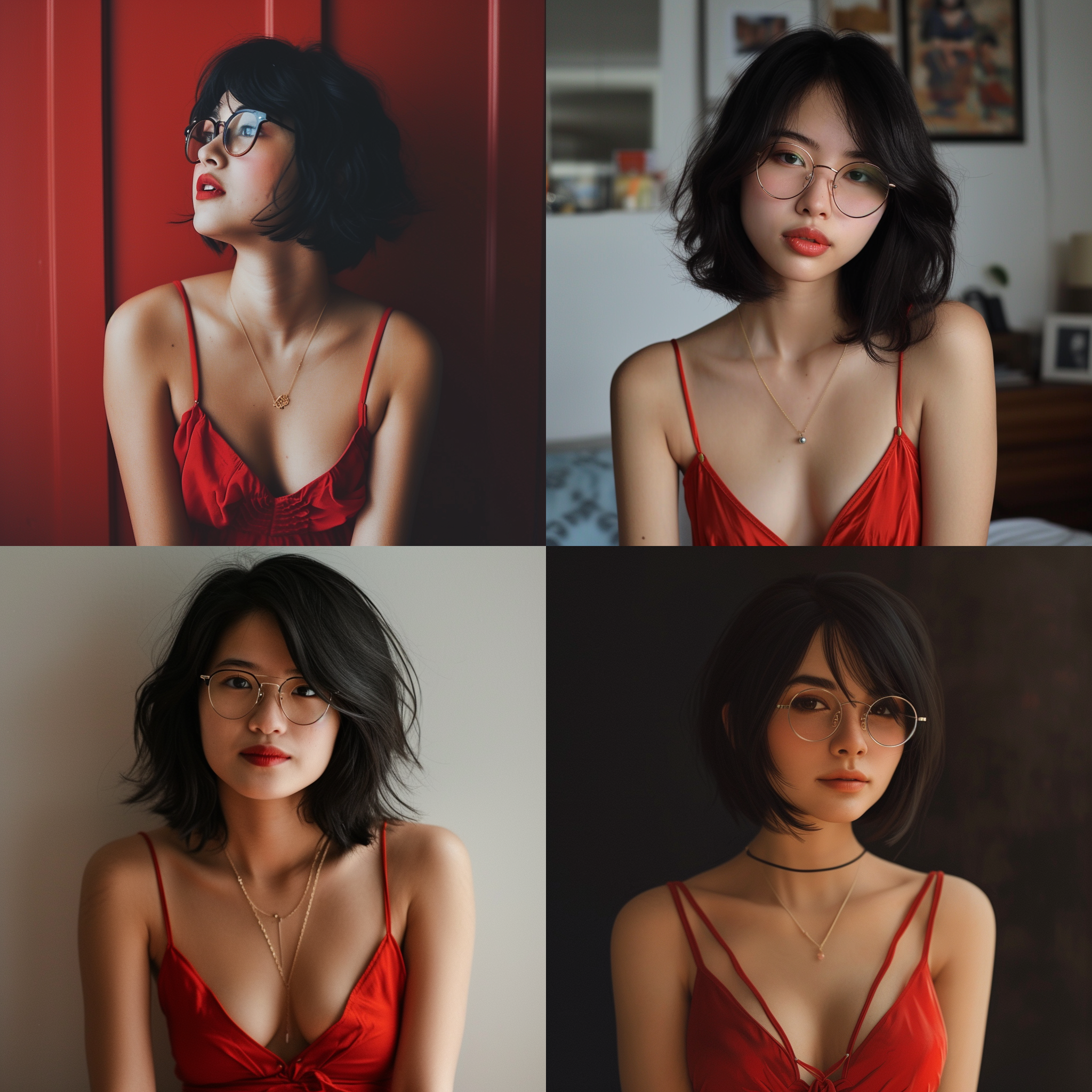一个穿着红色吊带裙的可爱女人，戴眼镜，黑色齐肩短发