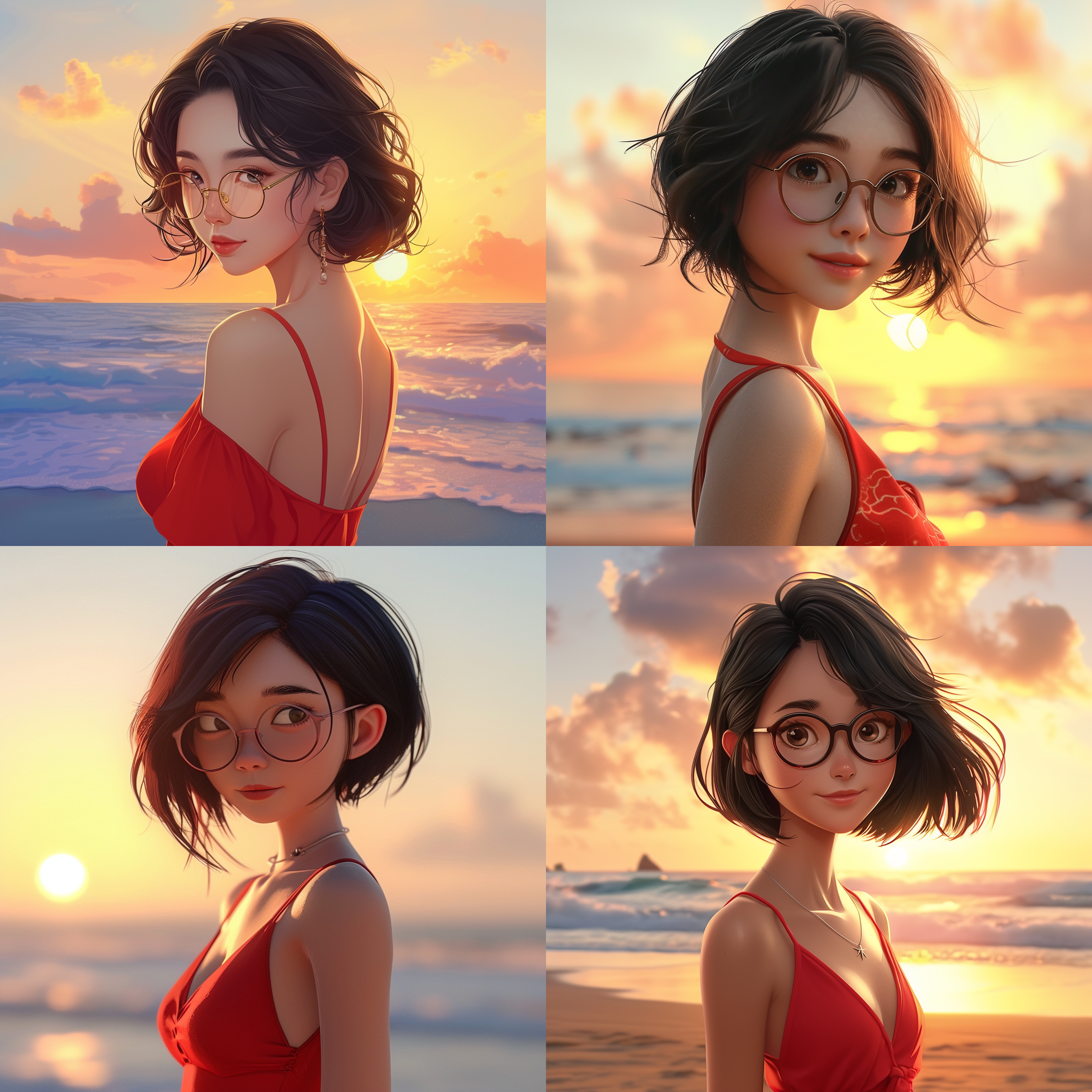 卡通可爱的中国女人，黑色齐肩短发，戴眼镜，红色吊带连衣裙，鹅蛋脸，背影，海边，落日，风，优雅，身材饱满高挑，脸部细节，摄影写真，超清渲染