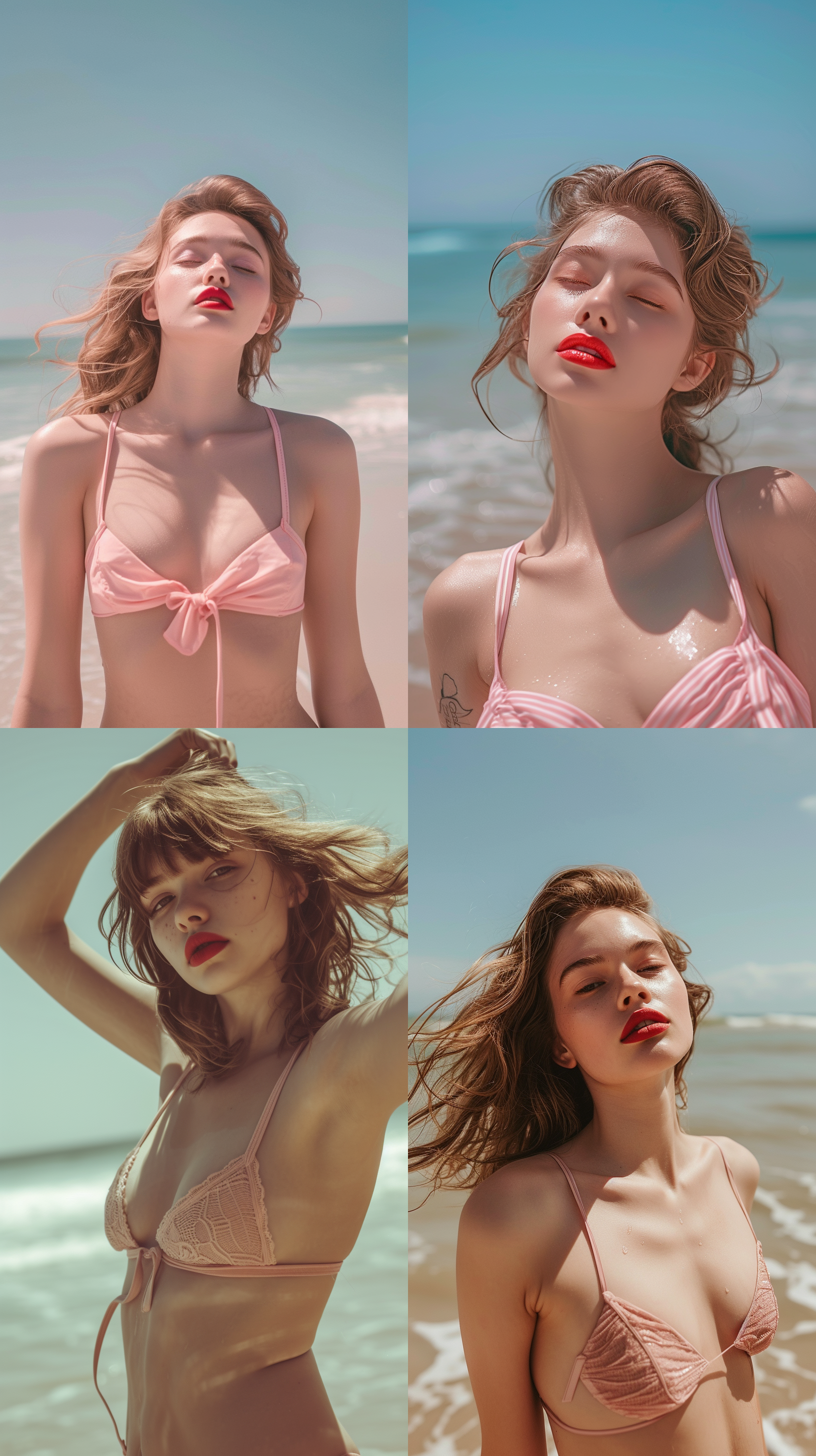 美女在海边，红唇精致妆容，穿着粉色比基尼，全身画面，远景，自然光，柔和色调，自信。真实场景。