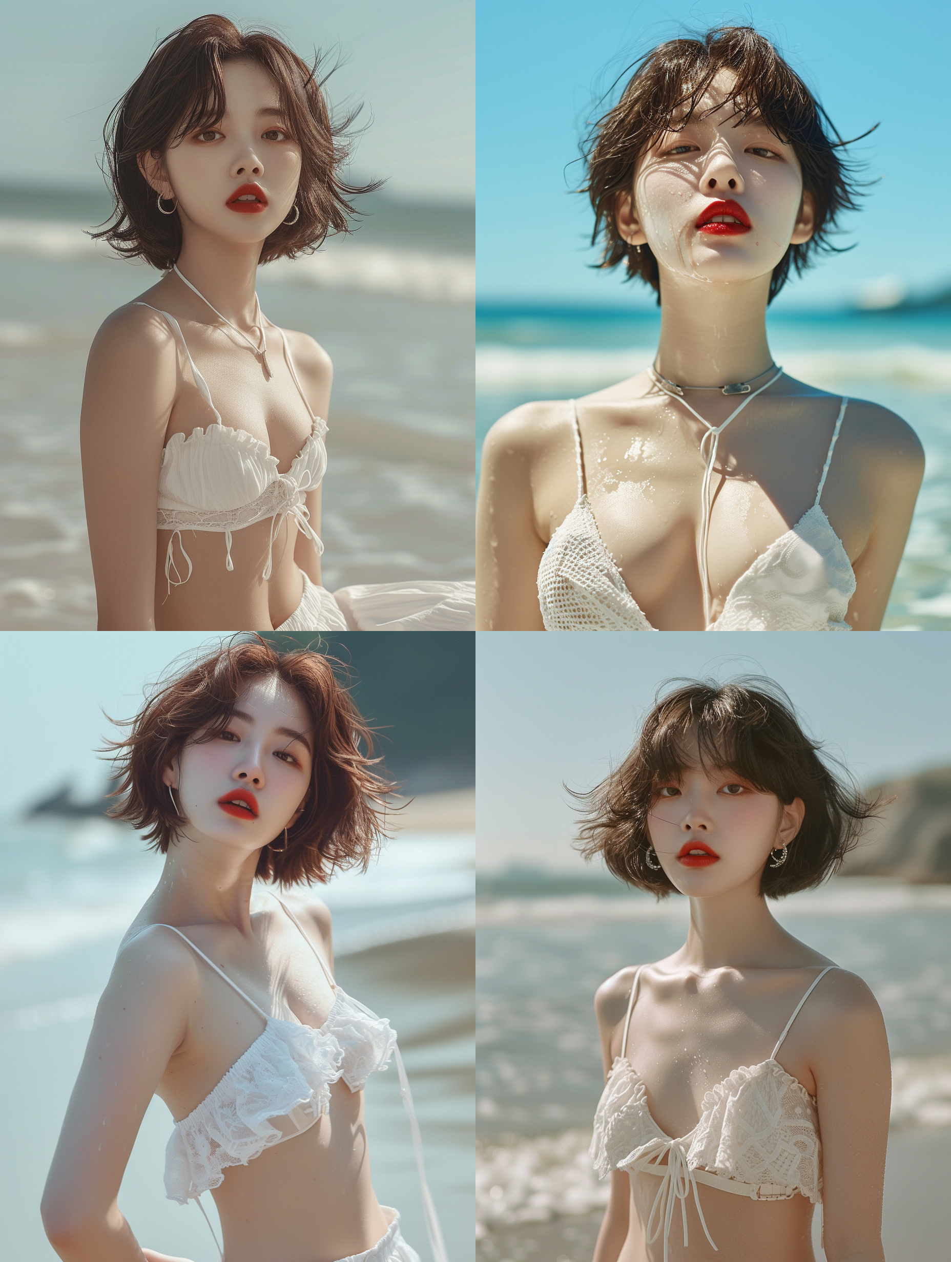 海边，真实场景，韩国美女，红唇，短发飘飘，妆容精致，白色比基尼，全身画面