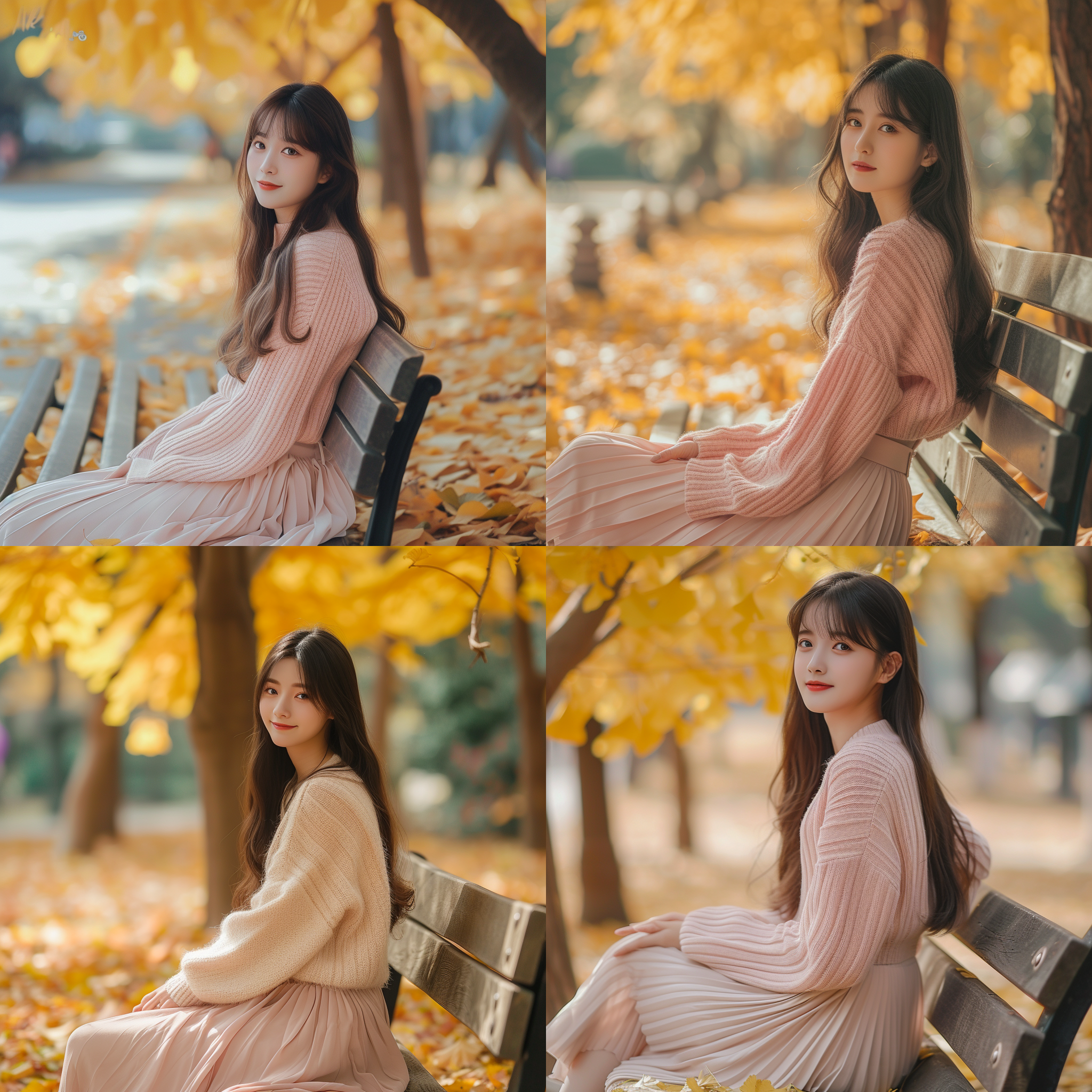 女生坐在公园长椅上，穿着粉色毛衣长裙，长发飘逸，微笑甜美。她青纯的气质与秋天的银杏树和落叶形成鲜明对比。采用高跟鞋，银杏树构成背景，镜头使用广角镜头，拍摄角度偏低，突出女生的娇小身姿。画面以柔和的暖色调为主，传递出温暖和幸福的情绪。