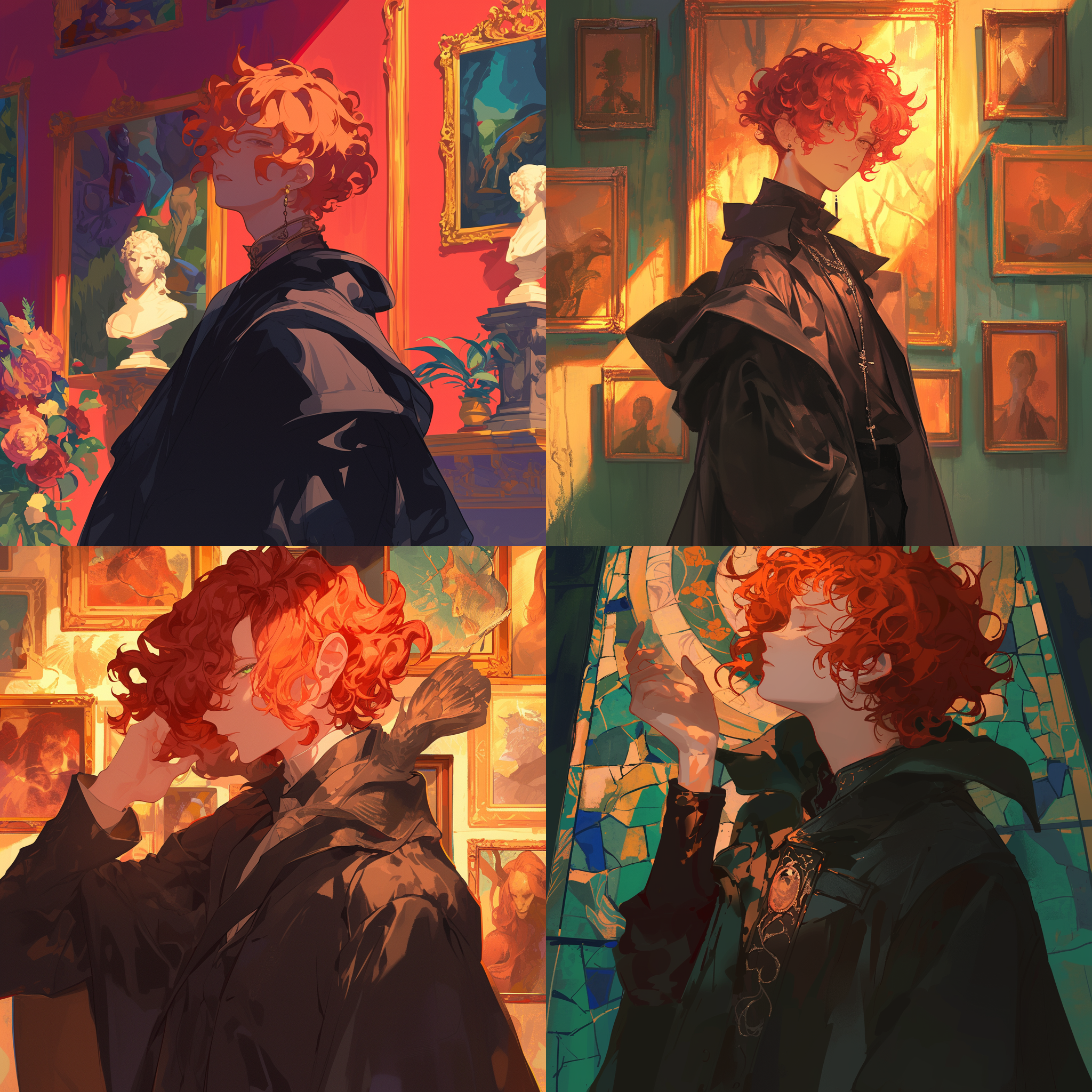 主体是红色卷发少年，身着黑色大衣，半身像。背景是画廊。整体色调明快。