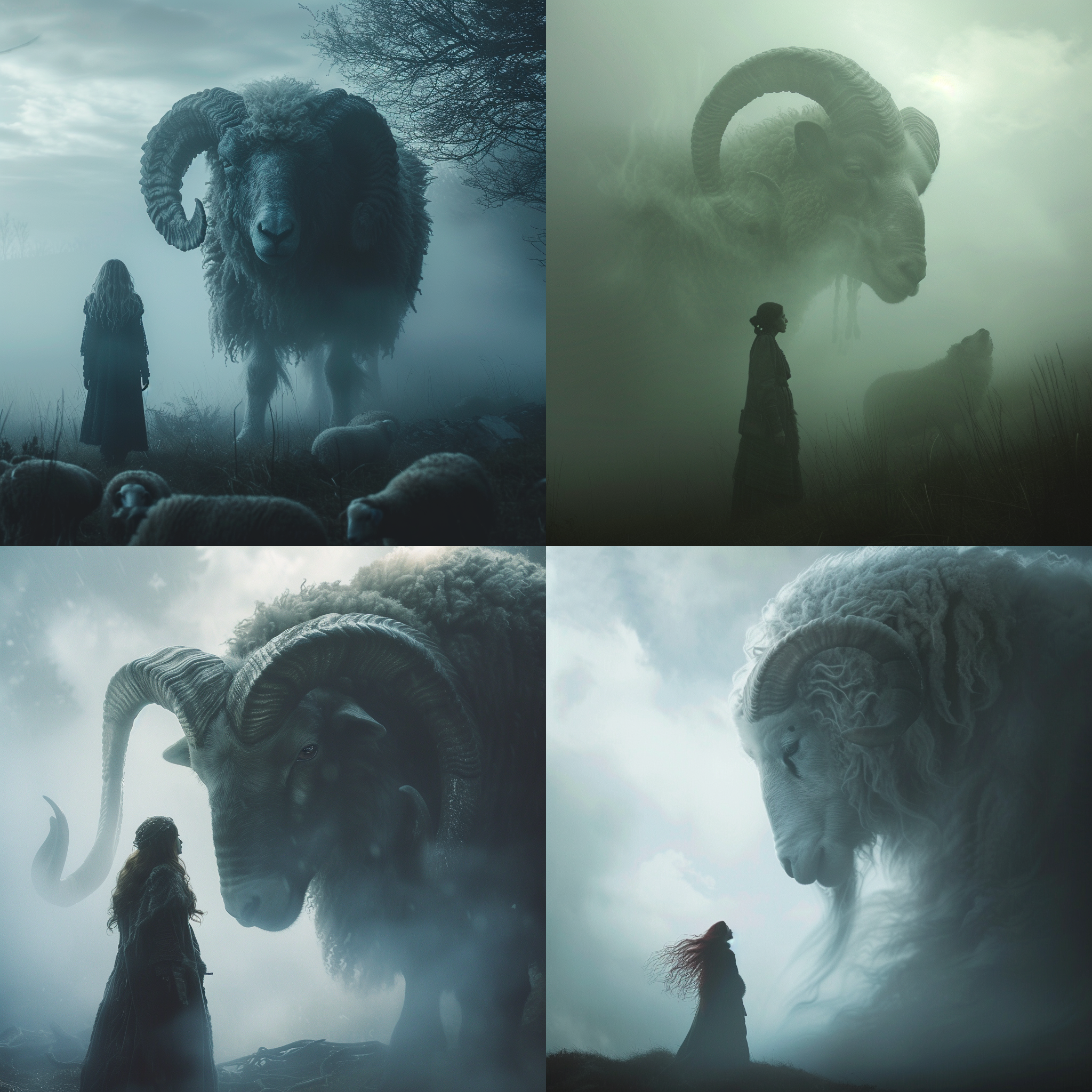 prompt. 白羊在雾中，一位女子站在其前。构图规整，女子身穿英雄装束。使用manticore和hero-core风格，reylia slab字体。环境神秘，透露出浓厚的幻想氛围。镜头使用广角镜头，以突出羊和女子的对比。光线柔和，从侧面照射，营造出梦幻般的效果。色调偏冷，增强了神秘感。情感充满敬畏和吸引力。