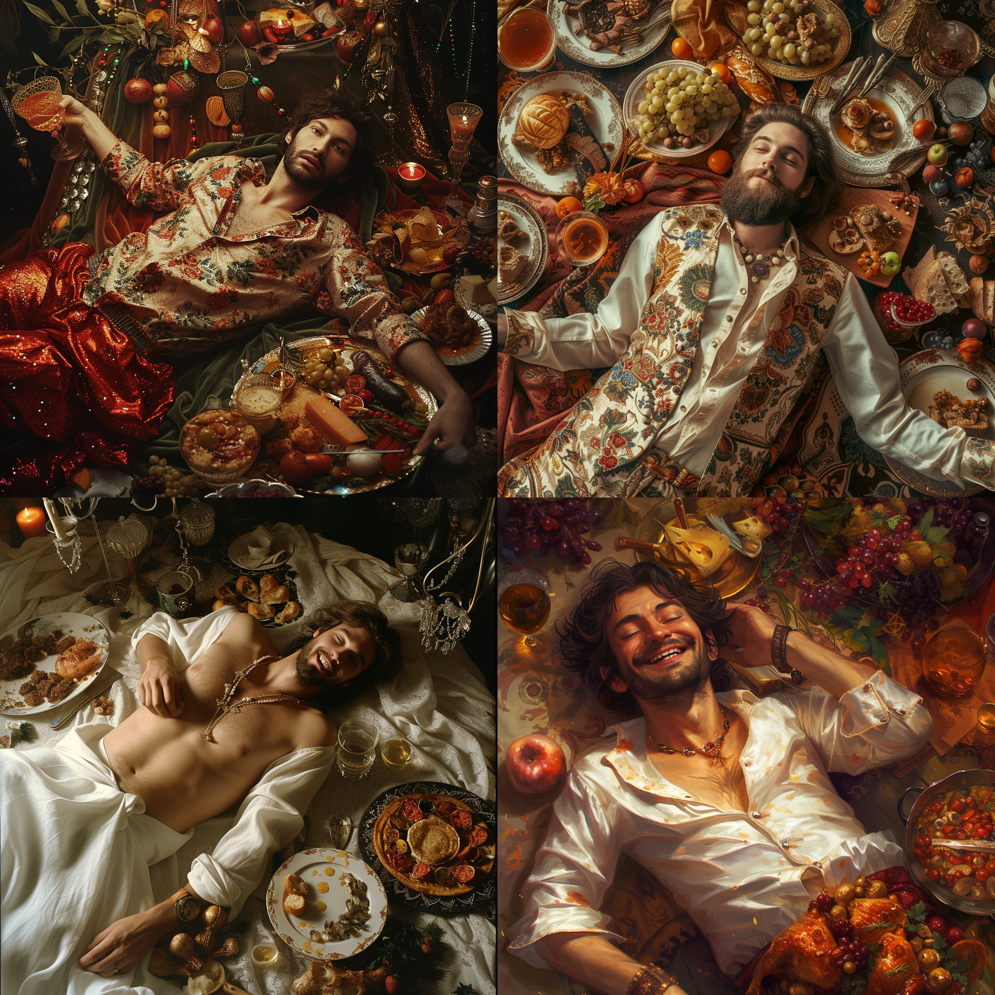 prompt. 男人躺在大盘子里，微笑，敞开上衣，全身照，喜庆宴席，食物摆满餐桌，细节丰富，超现实主义，电影质感，真实风格，珠光宝气，鲜艳色调，幽默。