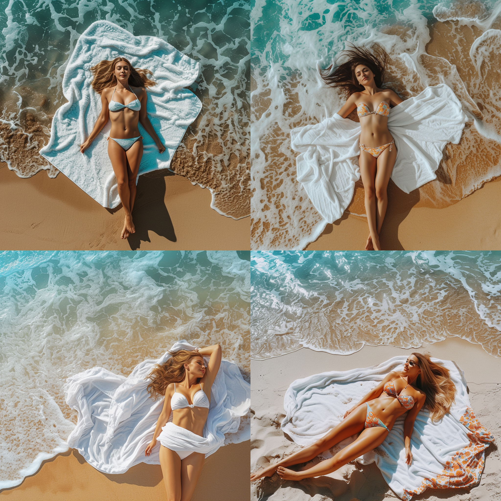 美女在沙滩上躺着晒太阳，她穿着一件亮丽的比基尼，白色沙滩毛巾覆盖在她身上。照片以俯视角度拍摄，背景是蔚蓝的大海和金黄色的沙滩。光线柔和，给人一种宁静和放松的感觉。明亮的颜色和轻松的氛围将美女的自信和活力展现得淋漓尽致。沙滩上的人影和微风吹动的头发增加了动感。美女的微笑表达了她的愉快心情。沙滩, 晒太阳, 美女, 亮丽, 比基尼, 背景, 蔚蓝, 大海, 金黄, 沙滩毛巾, 俯视, 光线柔和, 宁静, 放松, 明亮, 轻松, 自信, 活力, 人影, 微风, 动感, 微笑, 愉快