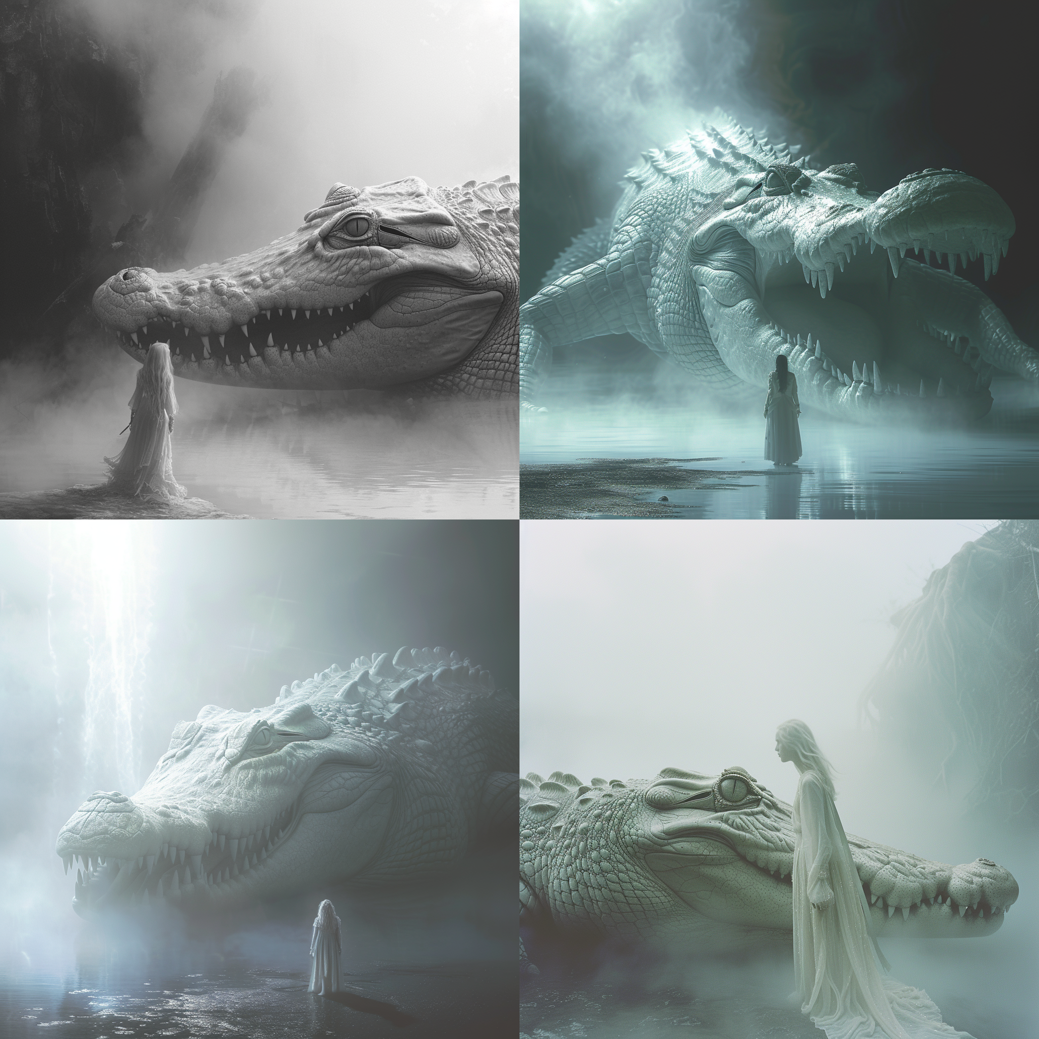 prompt. 白鳄在雾中，一位女子站在其前。构图规整，女子身穿英雄装束。使用manticore和hero-core风格，reylia slab字体。环境神秘，透露出浓厚的幻想氛围。镜头使用广角镜头，以突出鳄和女子的对比。光线柔和，从侧面照射，营造出梦幻般的效果。色调偏冷，增强了神秘感。情感充满敬畏和吸引力。